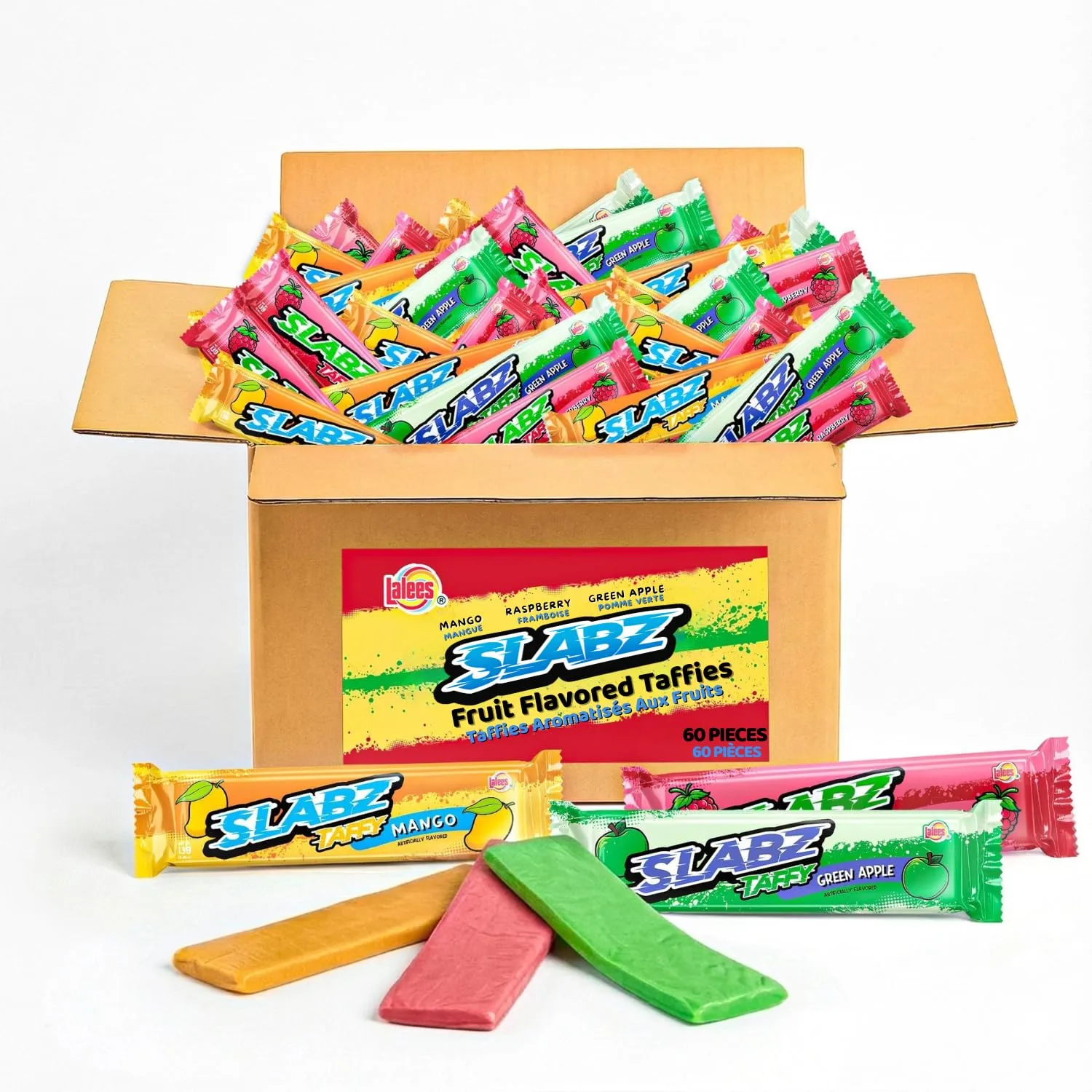 Lalees Taffy Slabz - Assorted Fruit Flavors - Bulk Chewy Candy Bars - Individually Wrapped Taffy Candy for Party Favors, Birthday Parties (60 Count)