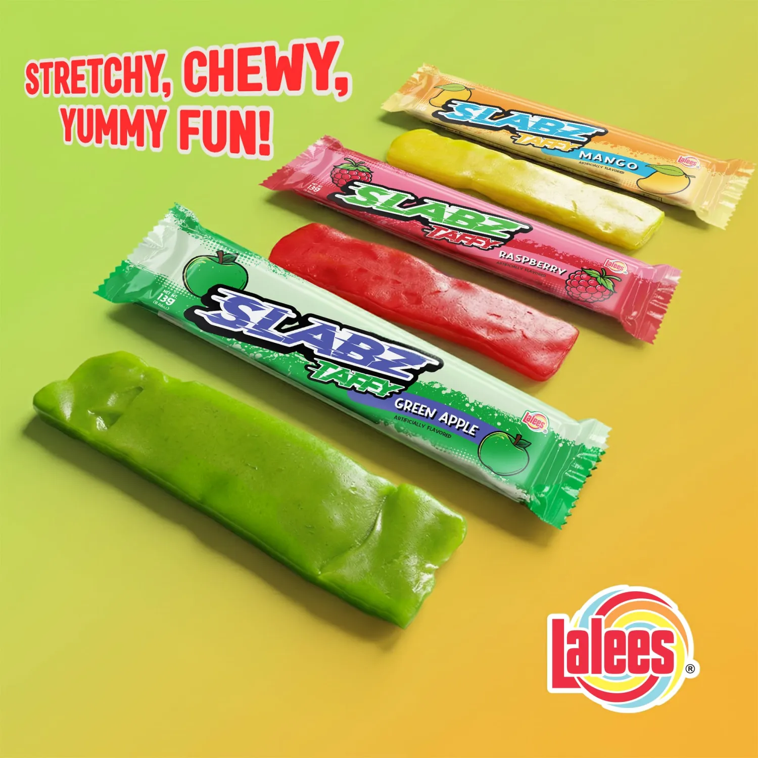 Lalees Taffy Slabz - Assorted Fruit Flavors - Bulk Chewy Candy Bars - Individually Wrapped Taffy Candy for Party Favors, Birthday Parties (60 Count)