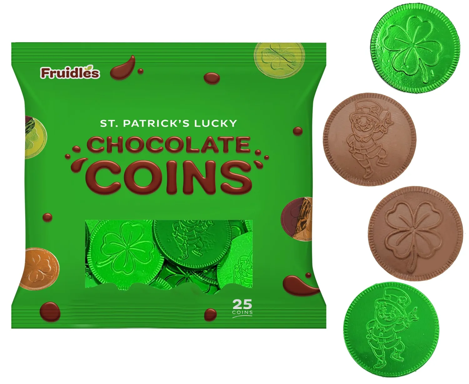 St. Patrick's Day 25 Coins Shamrock & Leprechaun Milk Chocolate Green Coins, Themed Parties, Events and Celebrations, Perfect for Gift Bags and Festive Decorations, 4.5g Milk Chocolate Coin