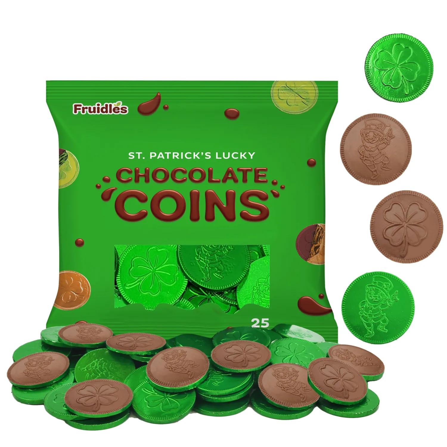 St. Patrick's Day 25 Coins Shamrock & Leprechaun Milk Chocolate Green Coins, Themed Parties, Events and Celebrations, Perfect for Gift Bags and Festive Decorations, 4.5g Milk Chocolate Coin