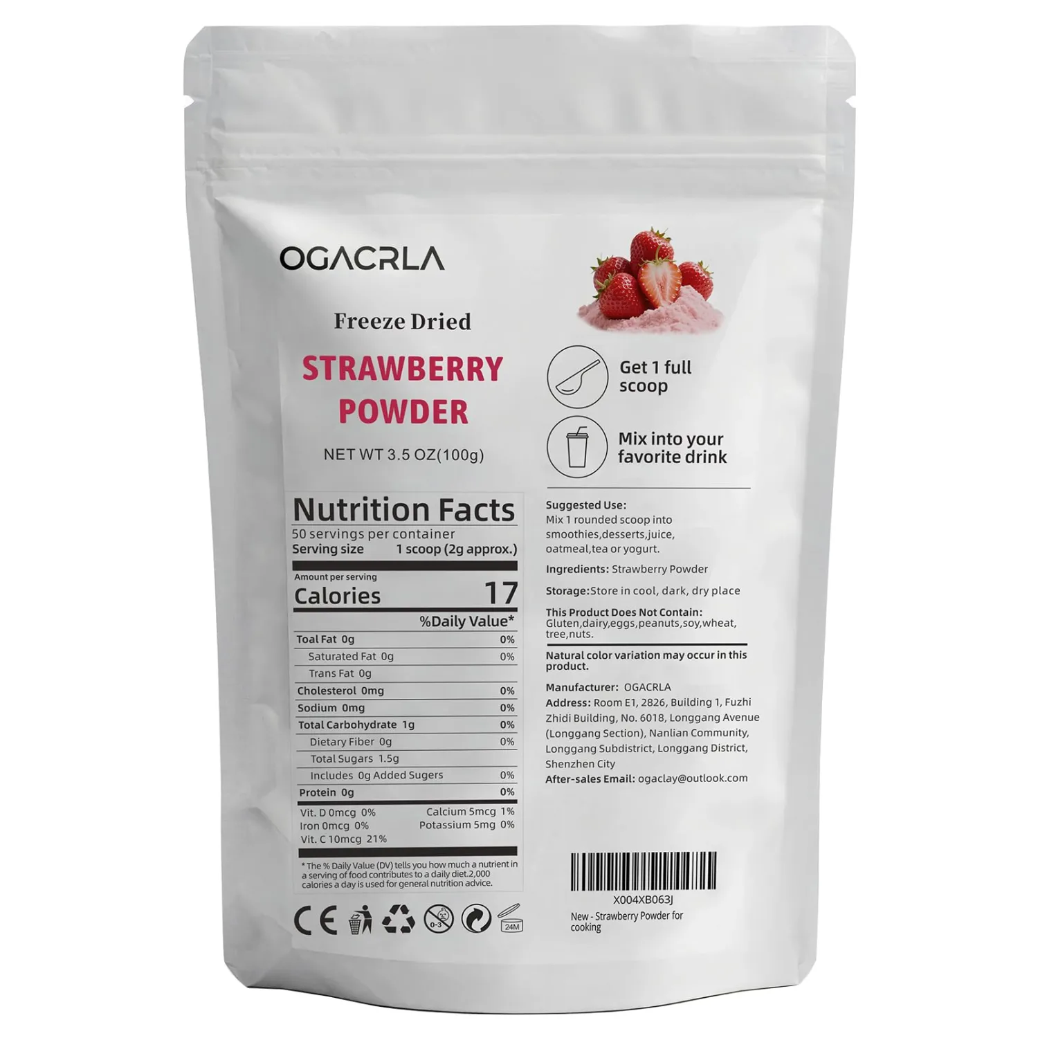 Strawberry Powder - Freeze Dried 100% Natural Fruit Powder Rich In Antioxidants,Suitable for Smoothies,Baking,Flavoring & Drinks,Suitable for Vegans,Gluten Free,No Sugar | 3.52 Oz (100g)