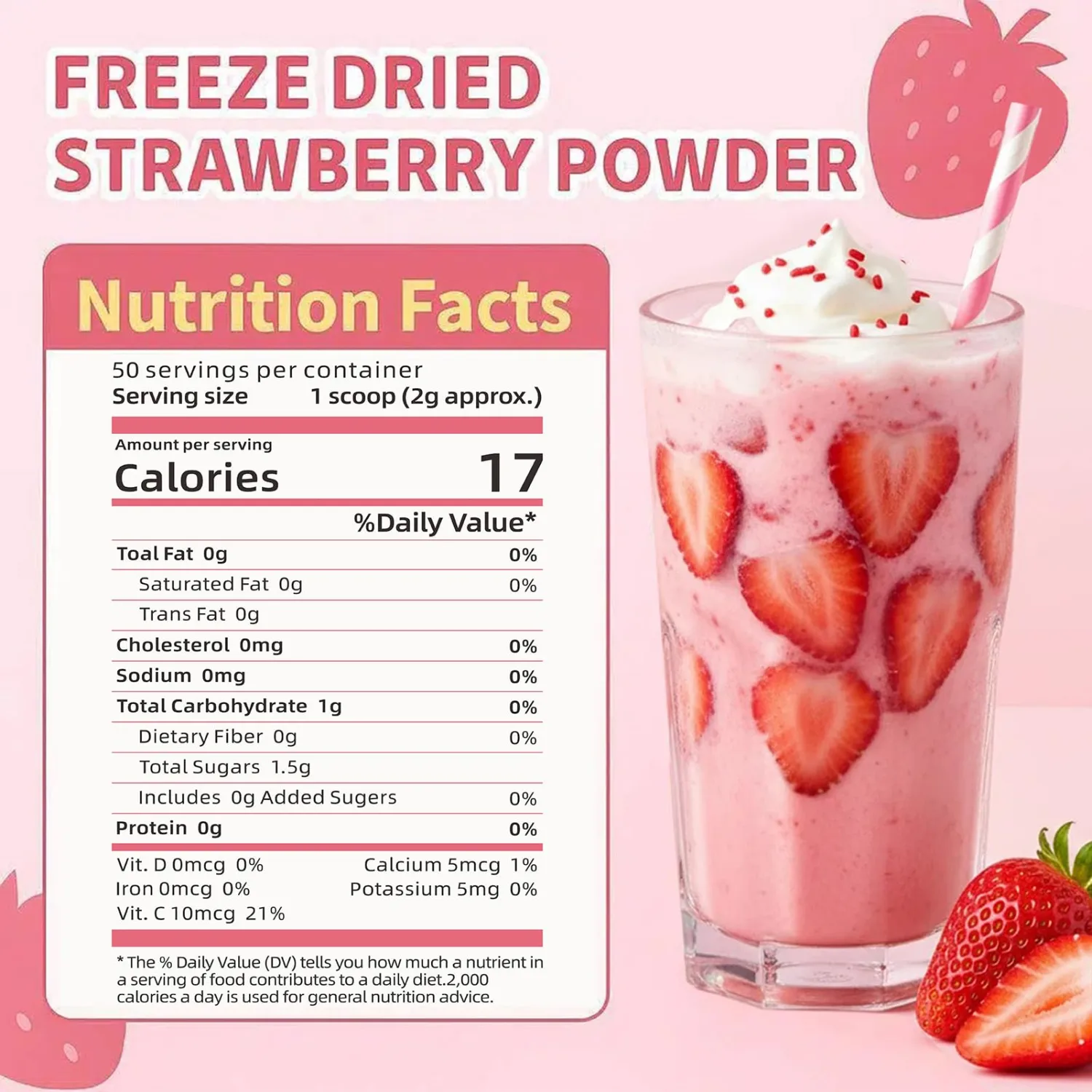 Strawberry Powder - Freeze Dried 100% Natural Fruit Powder Rich In Antioxidants,Suitable for Smoothies,Baking,Flavoring & Drinks,Suitable for Vegans,Gluten Free,No Sugar | 3.52 Oz (100g)