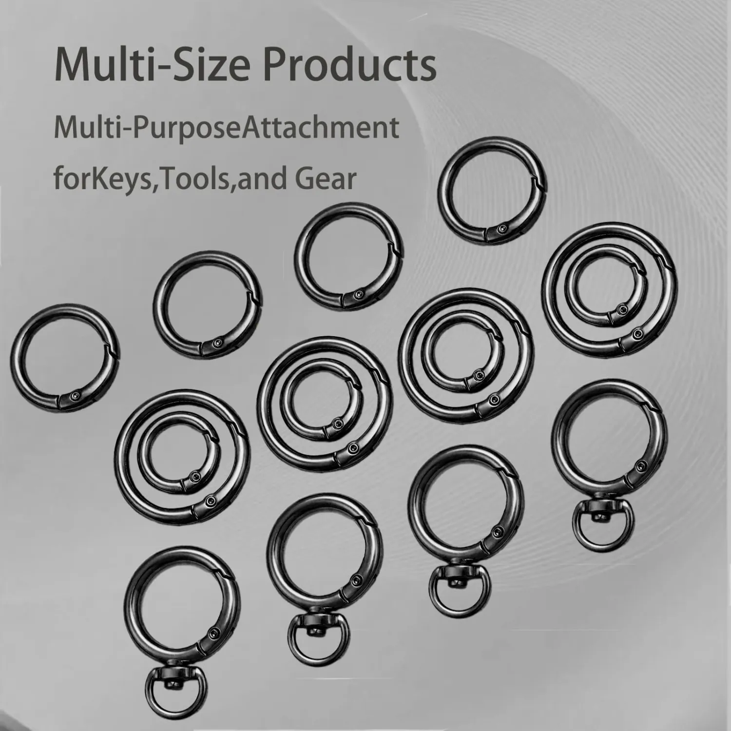 16PCS Metal Spring O Ring Set, Mixed Sizes Round Carabiner Keychain Snap Hooks for Key Rings, Bags, Dog Tags, Buckle, Paracord, Lanyards, and DIY Repair Crafts (Black)
