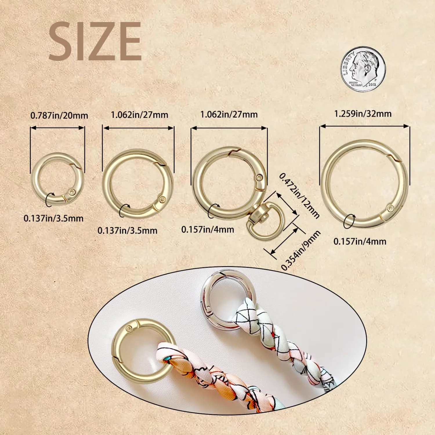 8PCS Metal Spring O Ring Set, Mixed Sizes Round Carabiner Keychain Snap Hooks for Key Rings, Bags, Dog Tags, Buckle, Paracord, Lanyards, and DIY Repair Crafts (Silver)