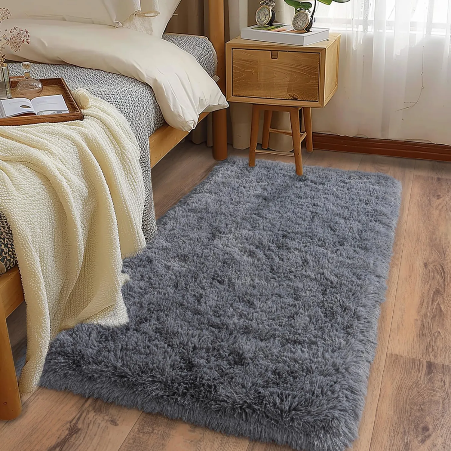 Ultra Soft Runner Rugs for Bedroom Hallways with Upgraded Non-Slip Rubber Backing & Thick Memory Sponge, 2x4 Feet Fluffy Shag Throw Area Rug for Bedside Dorm Dark Grey
