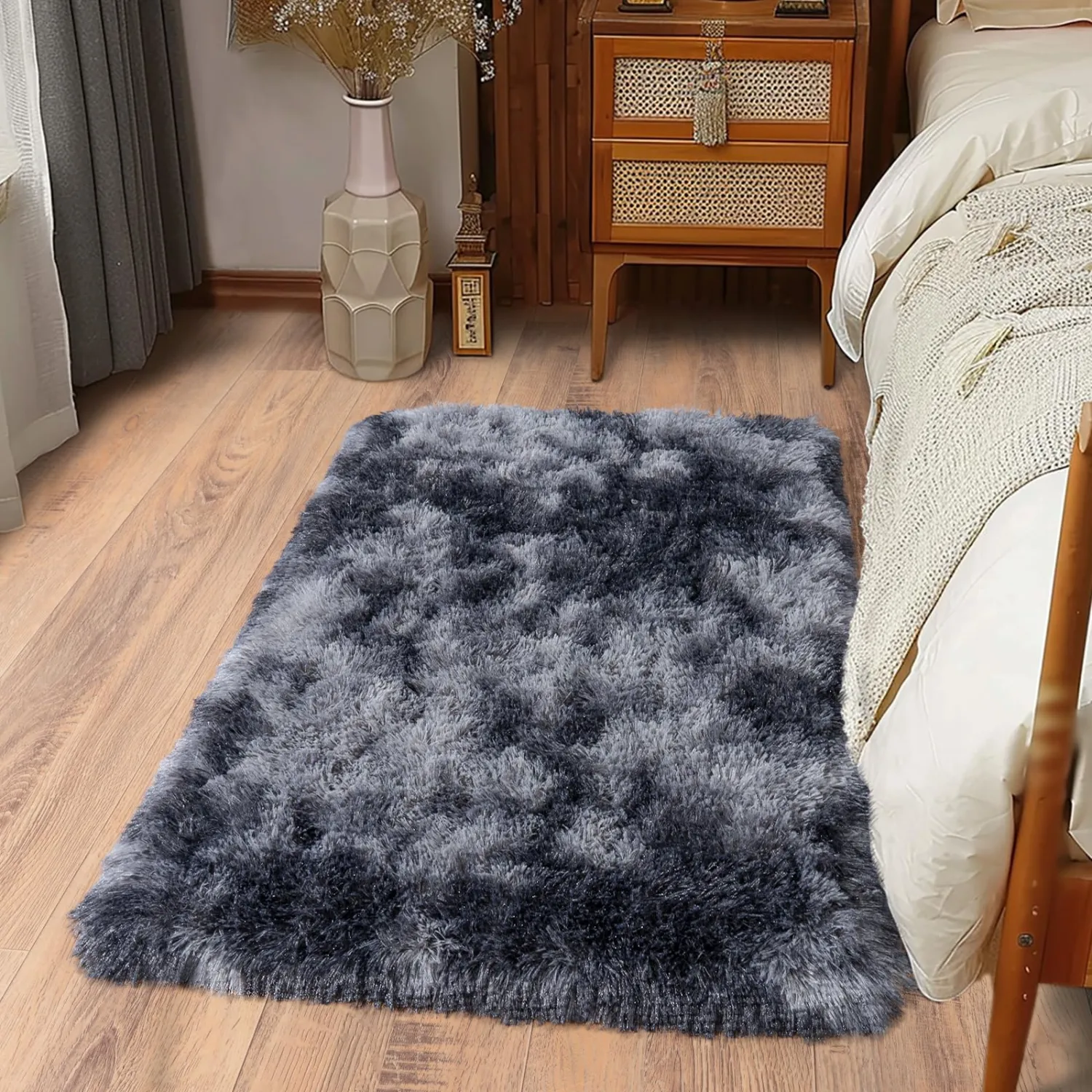 Ultra Soft Runner Rugs for Bedroom Hallways with Upgraded Non-Slip Rubber Backing & Thick Memory Sponge, 2x3 Feet Fluffy Shag Throw Area Rug for Bedside Dorm Tie-dye Dark Grey