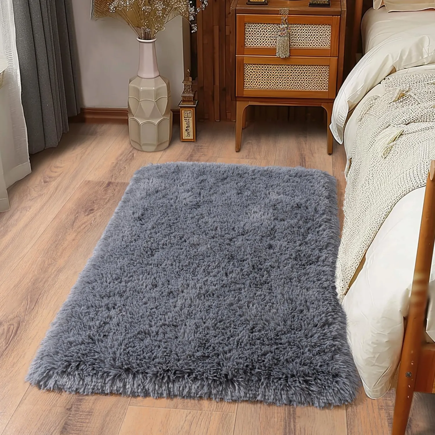 Ultra Soft Runner Rugs for Bedroom Hallways with Upgraded Non-Slip Rubber Backing & Thick Memory Sponge, 2 Packs 2x3 Feet Fluffy Shag Throw Area Rug for Bedside Dorm Dark Grey