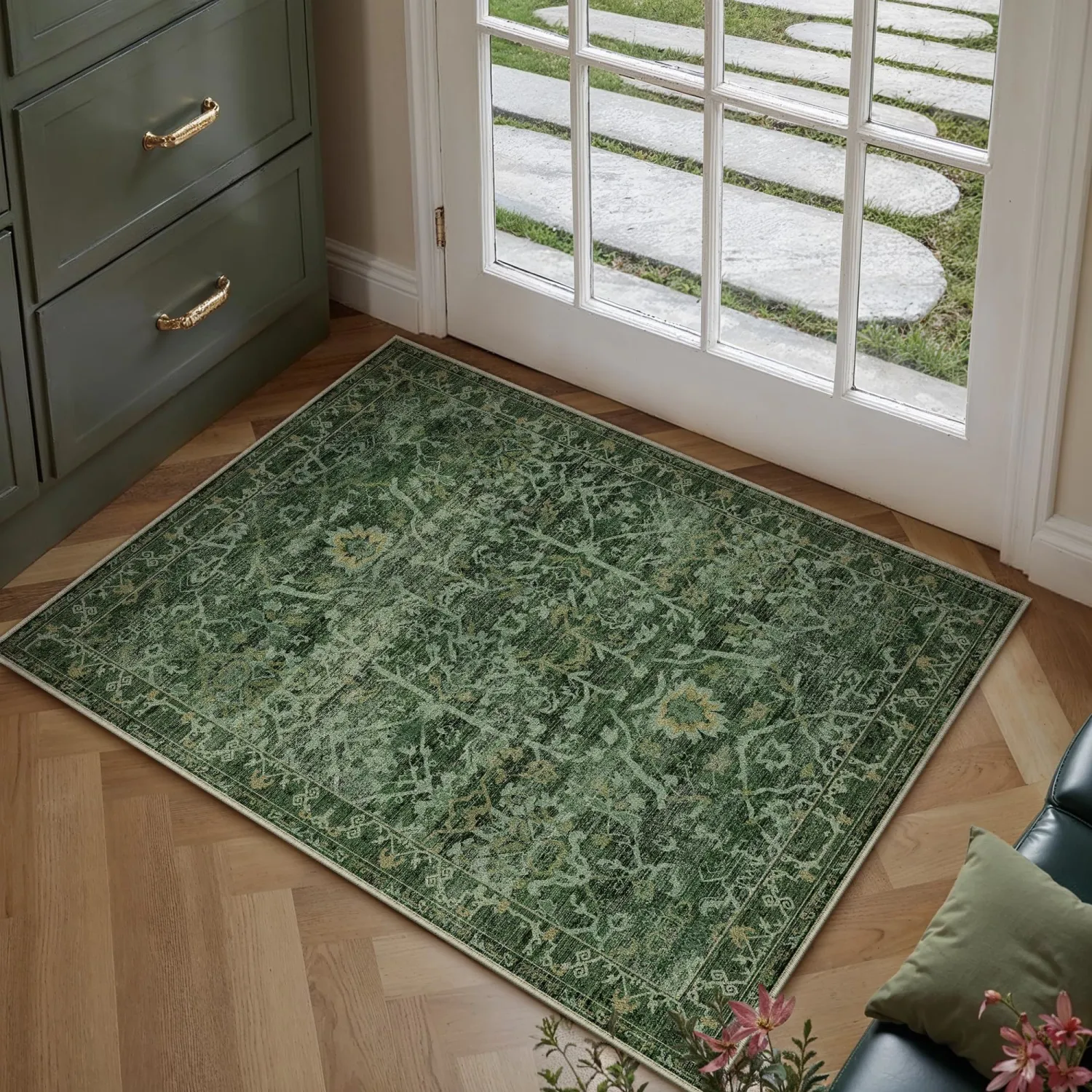 HUGEAR 2x3 Entryway Area Rug Retro Green Small Rug Machine Washable Door Mat Vintage Floral Low Pile Carpet Vacuumable Distressed Throw Rug Entrance Kitchen Bathroom Bedroom Non Slip Lightweight