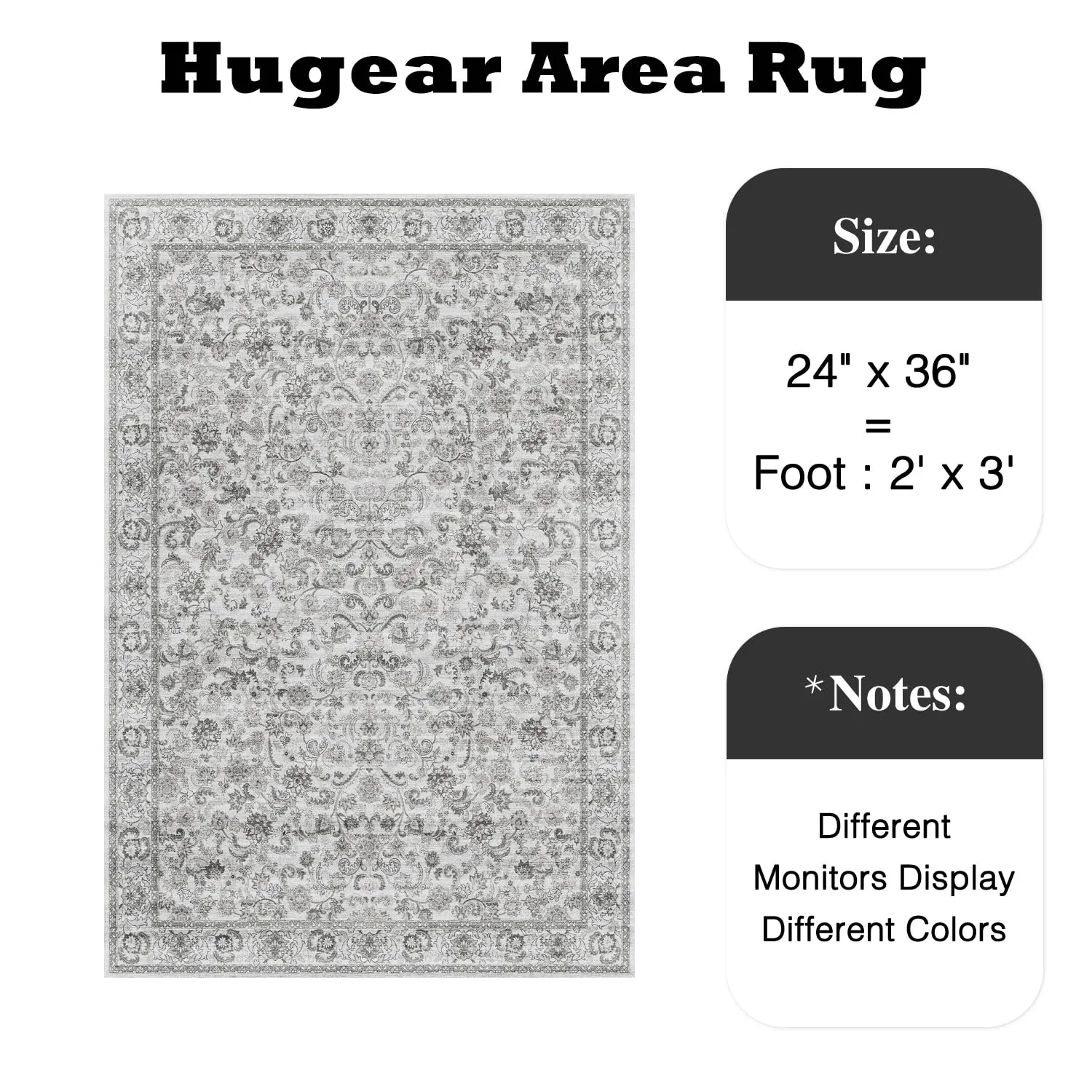 HUGEAR 2x3 Entryway Area Rug Grey Small Rug Machine Washable Door Mat Neutral Vintage Floral Low Pile Carpet Distressed Throw Rug Entrance Kitchen Bathroom Bedroom Office Non Slip Soft Lightweight