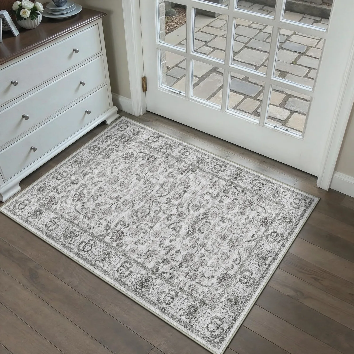 HUGEAR 2x3 Entryway Area Rug Grey Small Rug Machine Washable Door Mat Neutral Vintage Floral Low Pile Carpet Distressed Throw Rug Entrance Kitchen Bathroom Bedroom Office Non Slip Soft Lightweight