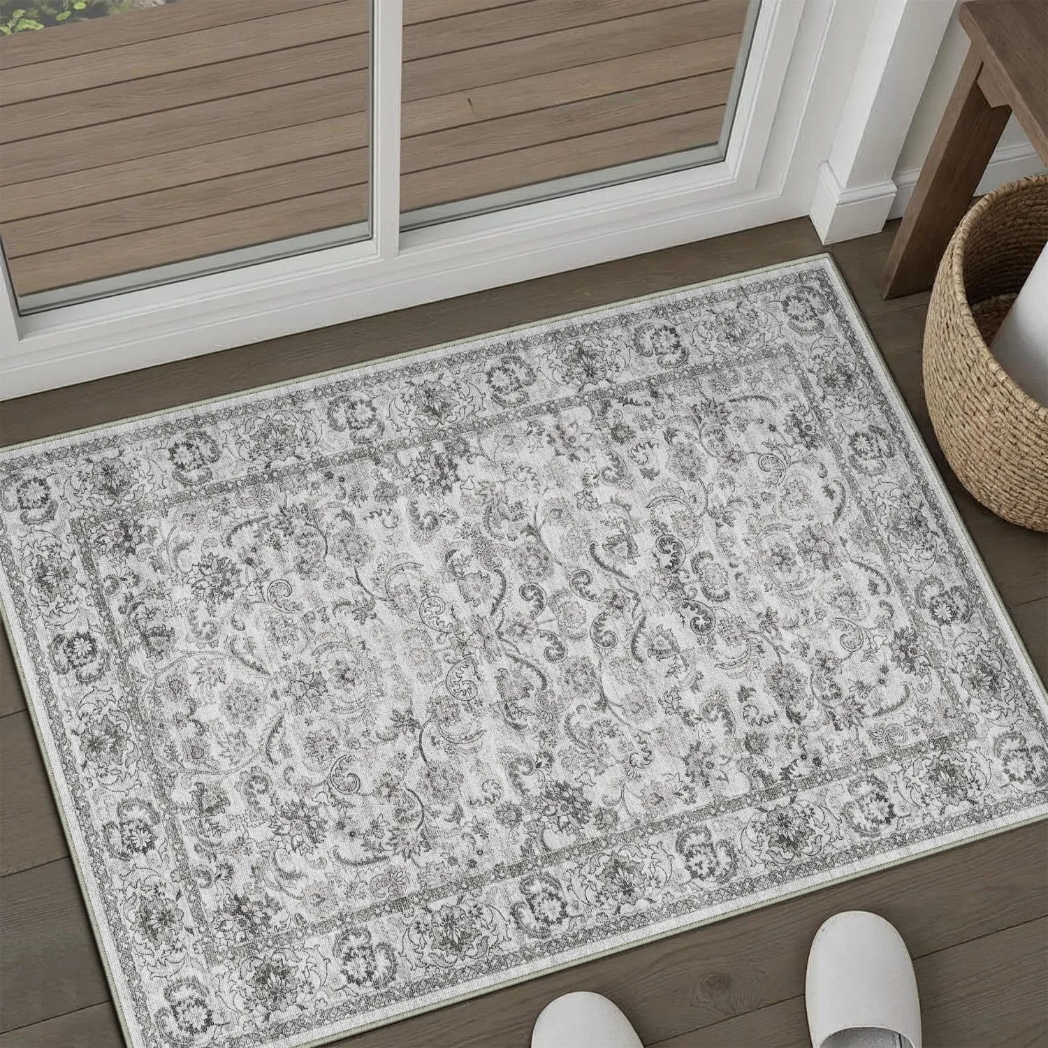HUGEAR 2x3 Entryway Area Rug Grey Small Rug Machine Washable Door Mat Neutral Vintage Floral Low Pile Carpet Distressed Throw Rug Entrance Kitchen Bathroom Bedroom Office Non Slip Soft Lightweight