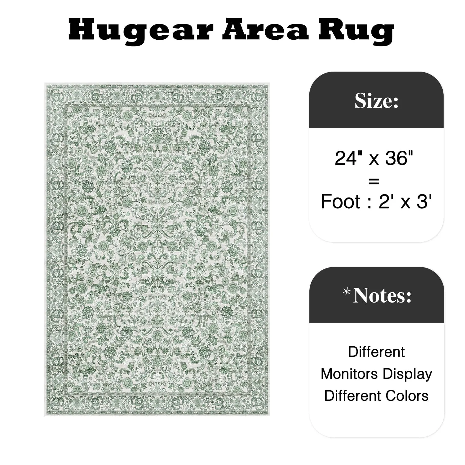 HUGEAR 2x3 Entryway Area Rug Green Small Rug Machine Washable Door Mat Neutral Vintage Floral Low Pile Carpet Distressed Throw Rug Entrance Kitchen Bathroom Bedroom Office Non Slip Soft Lightweight