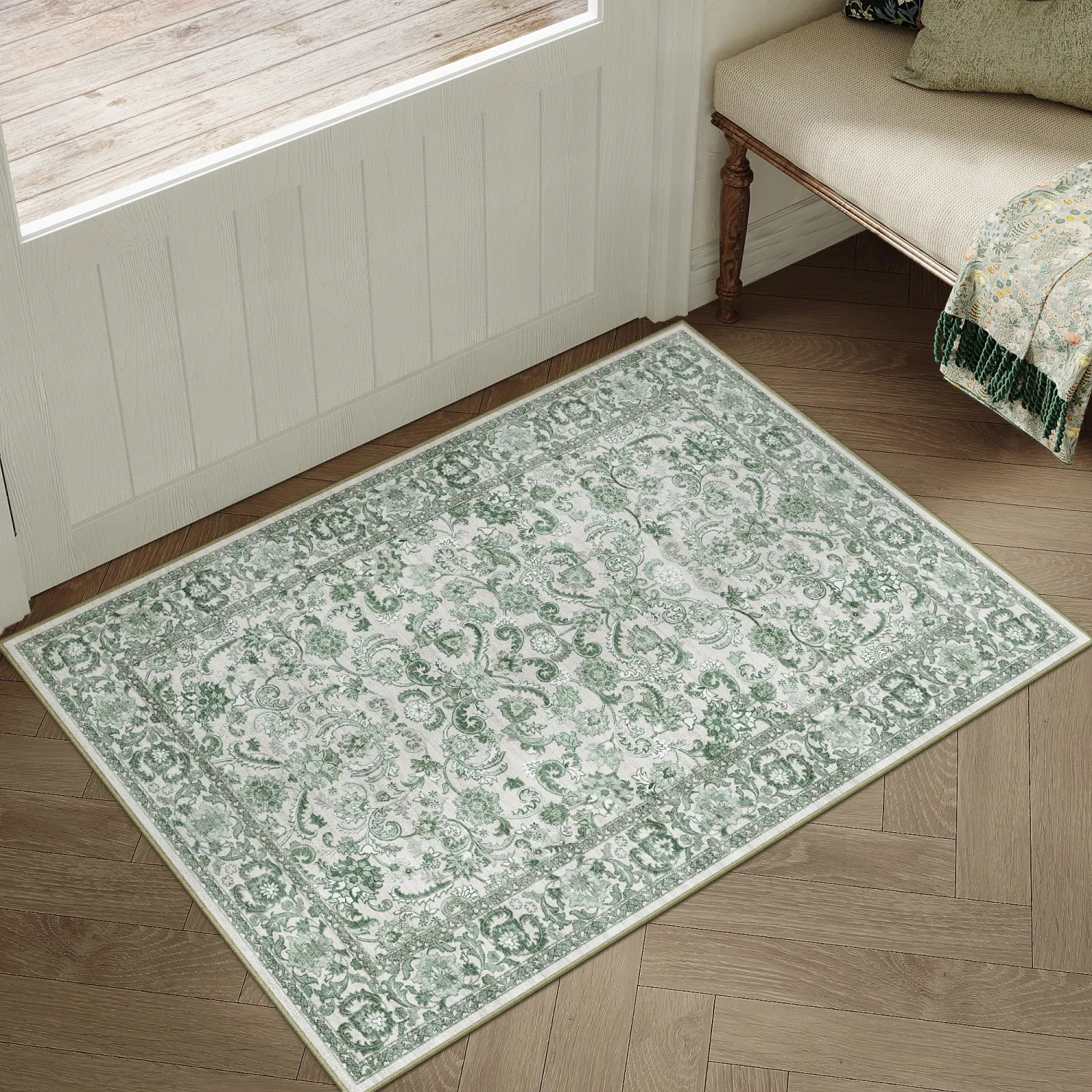 HUGEAR 2x3 Entryway Area Rug Green Small Rug Machine Washable Door Mat Neutral Vintage Floral Low Pile Carpet Distressed Throw Rug Entrance Kitchen Bathroom Bedroom Office Non Slip Soft Lightweight