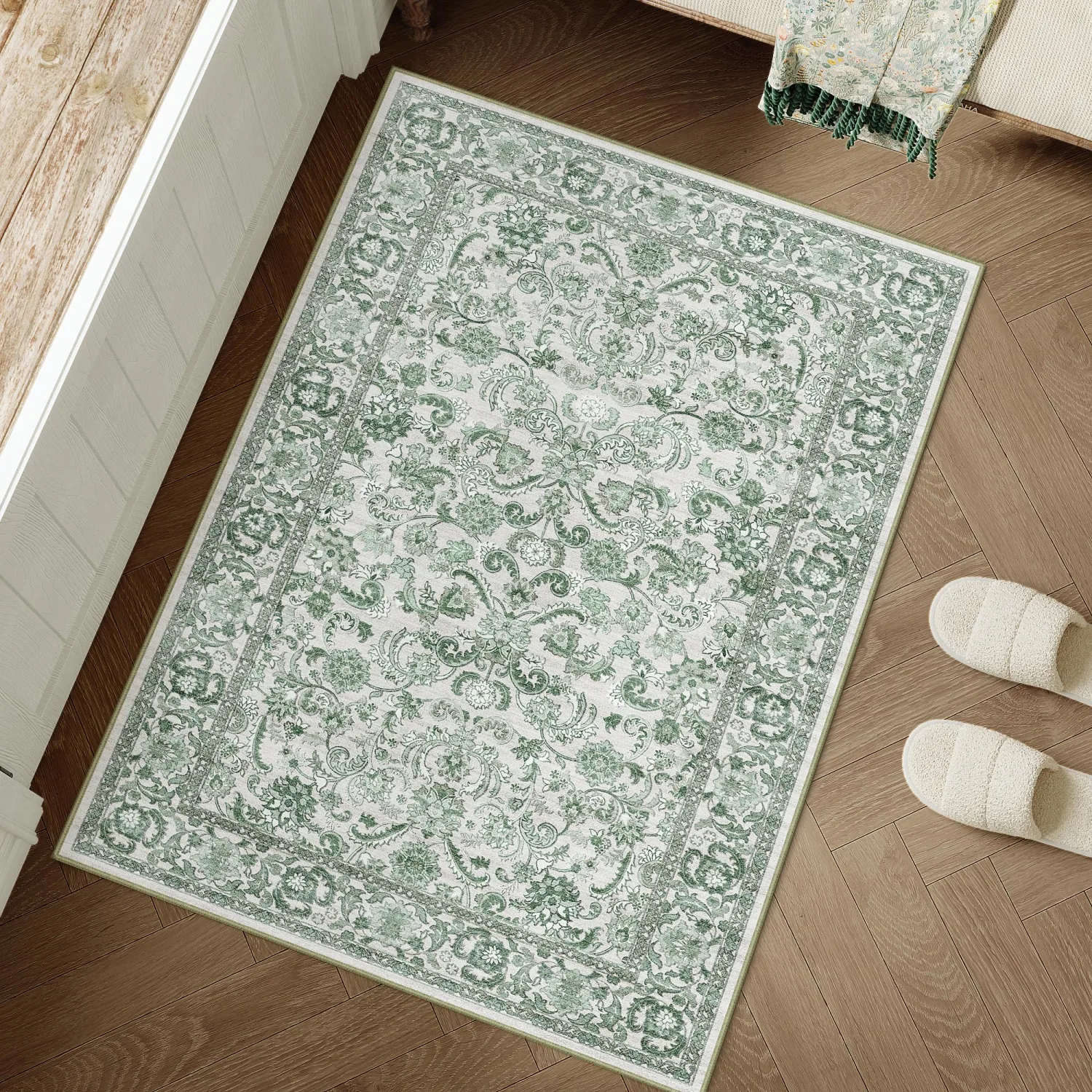 HUGEAR 2x3 Entryway Area Rug Green Small Rug Machine Washable Door Mat Neutral Vintage Floral Low Pile Carpet Distressed Throw Rug Entrance Kitchen Bathroom Bedroom Office Non Slip Soft Lightweight