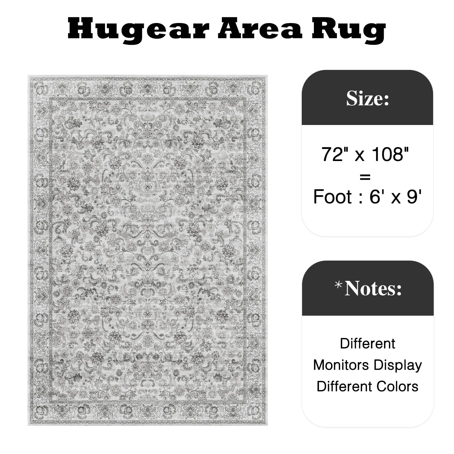 HUGEAR Grey Area Rug 6x9 Machine Washable Living Room Rugs Distressed Neutral Vintage Floral Low Pile Carpet Bedroom Office Dining Room Laundry Room Non Slip Soft Lightweight