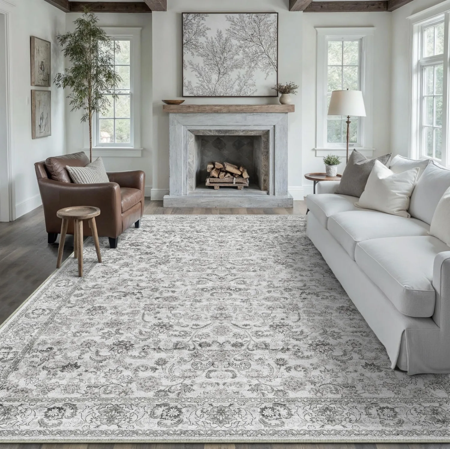 HUGEAR Grey Area Rug 6x9 Machine Washable Living Room Rugs Distressed Neutral Vintage Floral Low Pile Carpet Bedroom Office Dining Room Laundry Room Non Slip Soft Lightweight