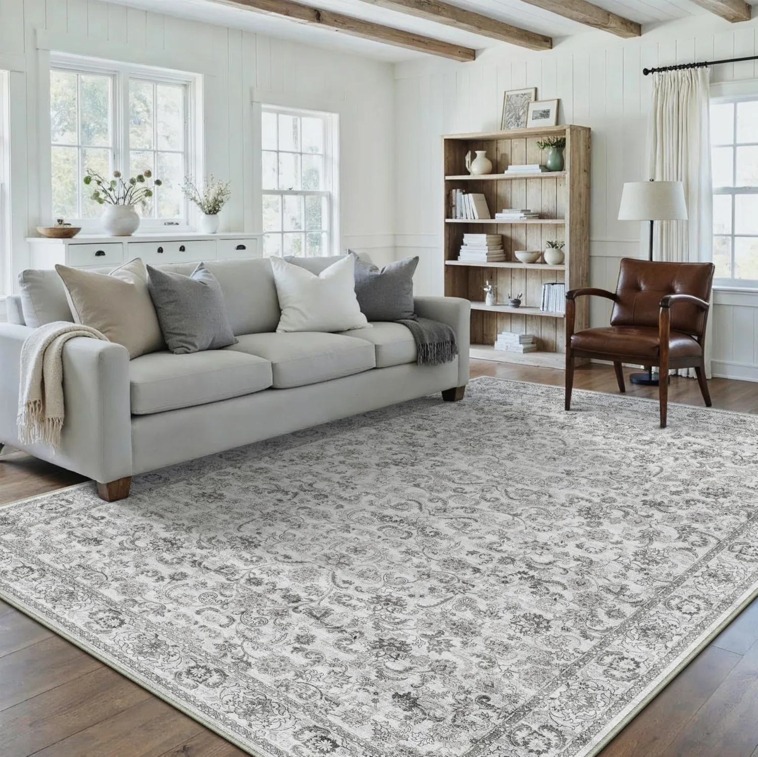 HUGEAR Grey Area Rug 6x9 Machine Washable Living Room Rugs Distressed Neutral Vintage Floral Low Pile Carpet Bedroom Office Dining Room Laundry Room Non Slip Soft Lightweight