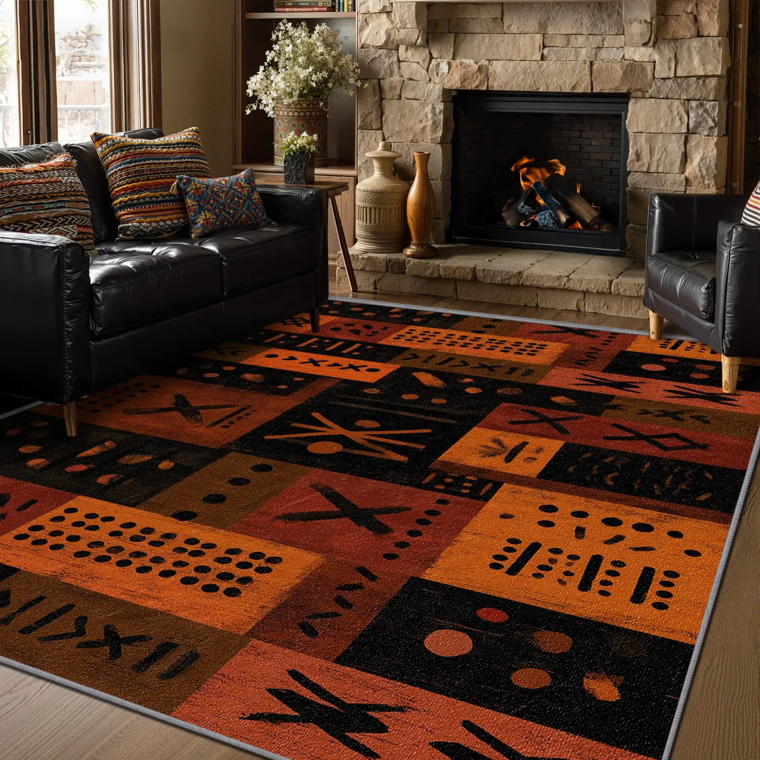 African Tribal Rug - 2x3 Area Rugs, Rustic Geometric Boho Entryway Rug, Abstract Southwestern Low Pile Fade Resistant Indoor Small Mats Home Decor #A092