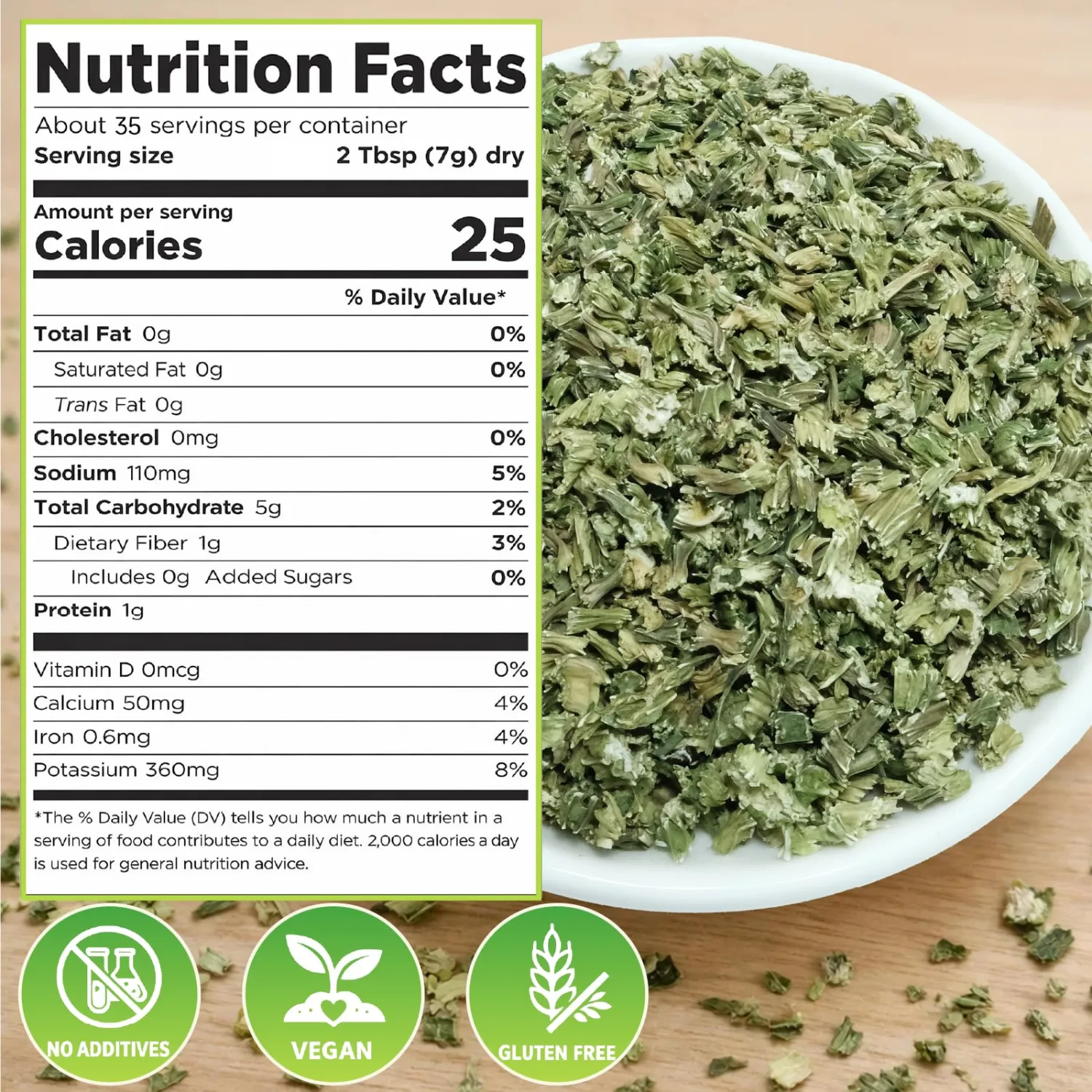 9 oz Dried Celery Flakes, Natural Dehydrated Celery for Cooking, Chopped Dried Vegetable for Soups, Stews, Salads, Camping and Emergency Food Storage, Vegan, Gluten Free