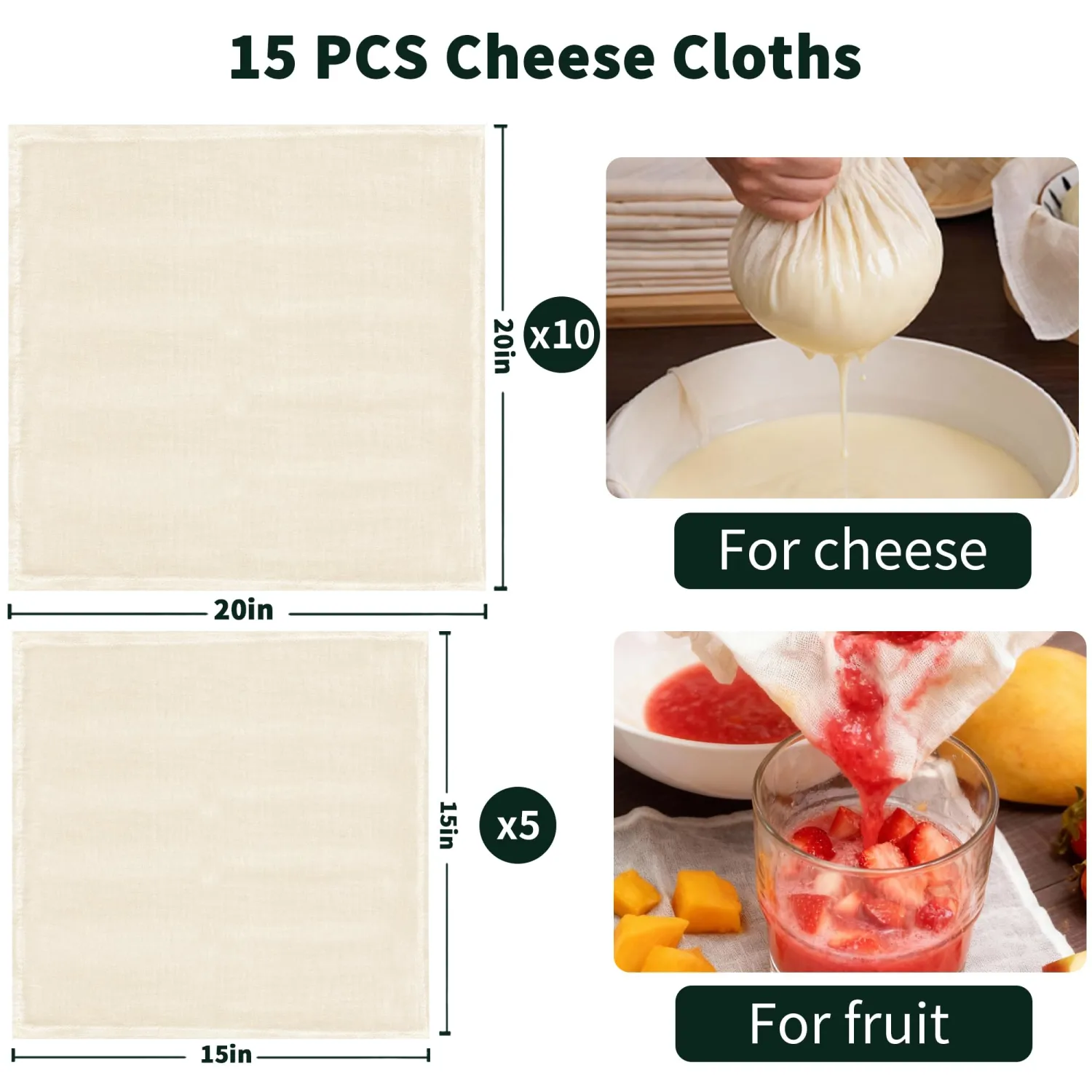 Grade 100 Cheesecloth for Straining, 15 Pack Precut Unbleached Cotton, Hemmed Edges, Reusable 56 x 42 Weave, 10 pcs 20 x 20 + 5 pcs 15 x 15 for Yogurt, Cheese, Nut Milk, Cooking