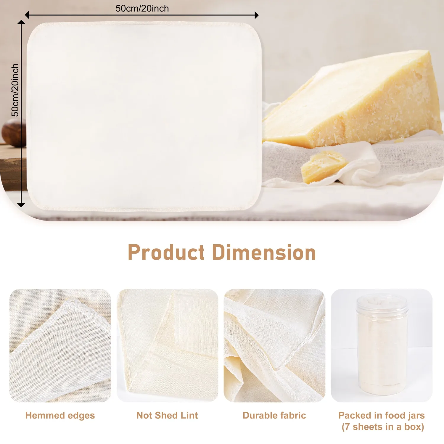 7 Pcs Reusable Cheese Cloths for Straining, 20x20 Inch Hemmed Cheese Cloth Bag for Straining, 100% Unbleached Cotton Cheesecloth for Cooking, Baking, Juicing, Cheese Making, Grade 100, Precut