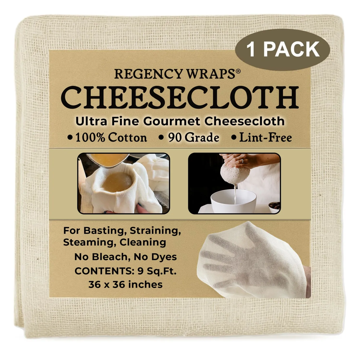 Regency Wraps 100% Cotton Ultra Fine Natural Cheese Cloth, 9 sq.ft 36" X36" 1pc, Chef Grade for Basting Turkey, Canning, Straining, Cheesemaking