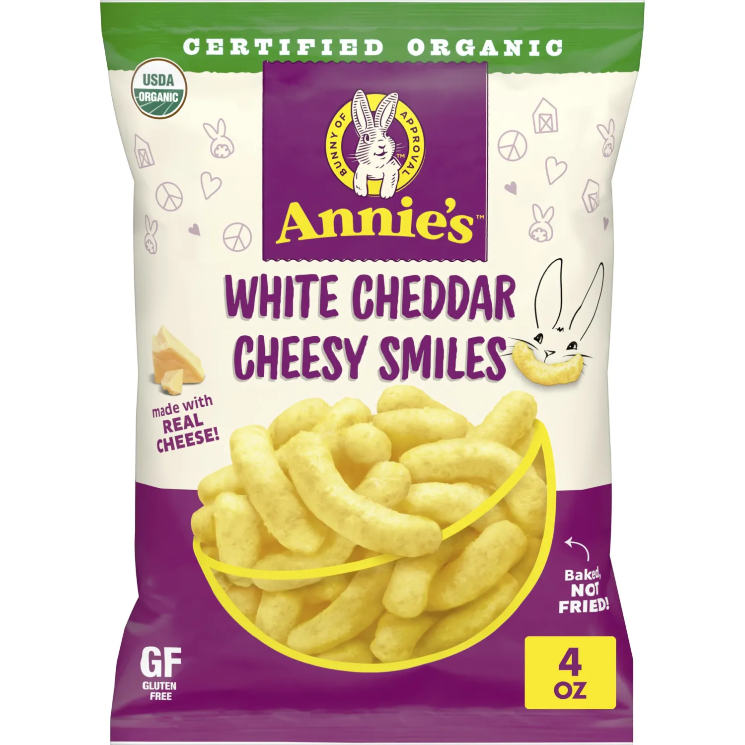Annie's Organic White Cheddar Cheesy Smiles, Baked Corn Puffs, Gluten Free, 4 oz