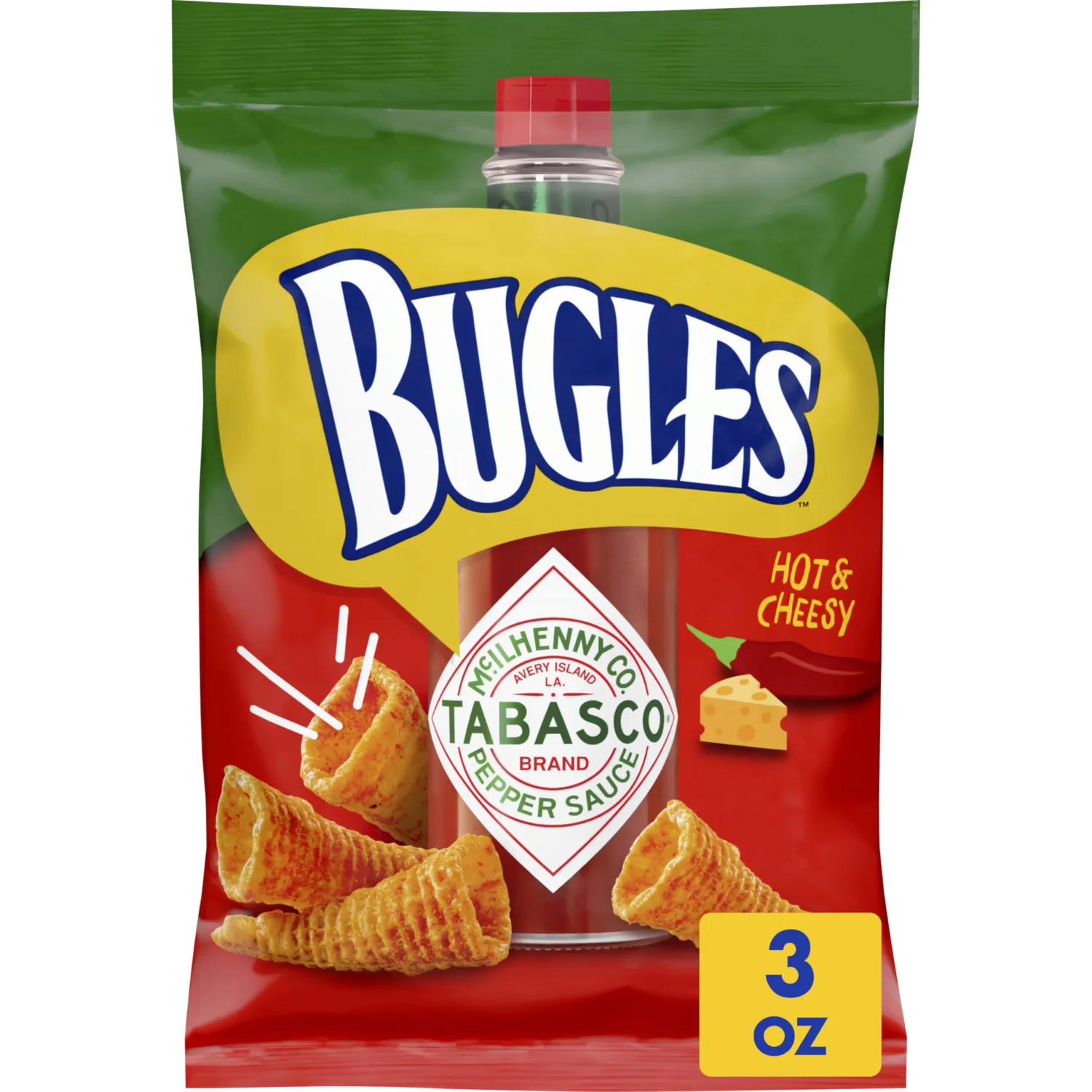 Bugles Tabasco Crispy Corn Snacks, 3 OZ