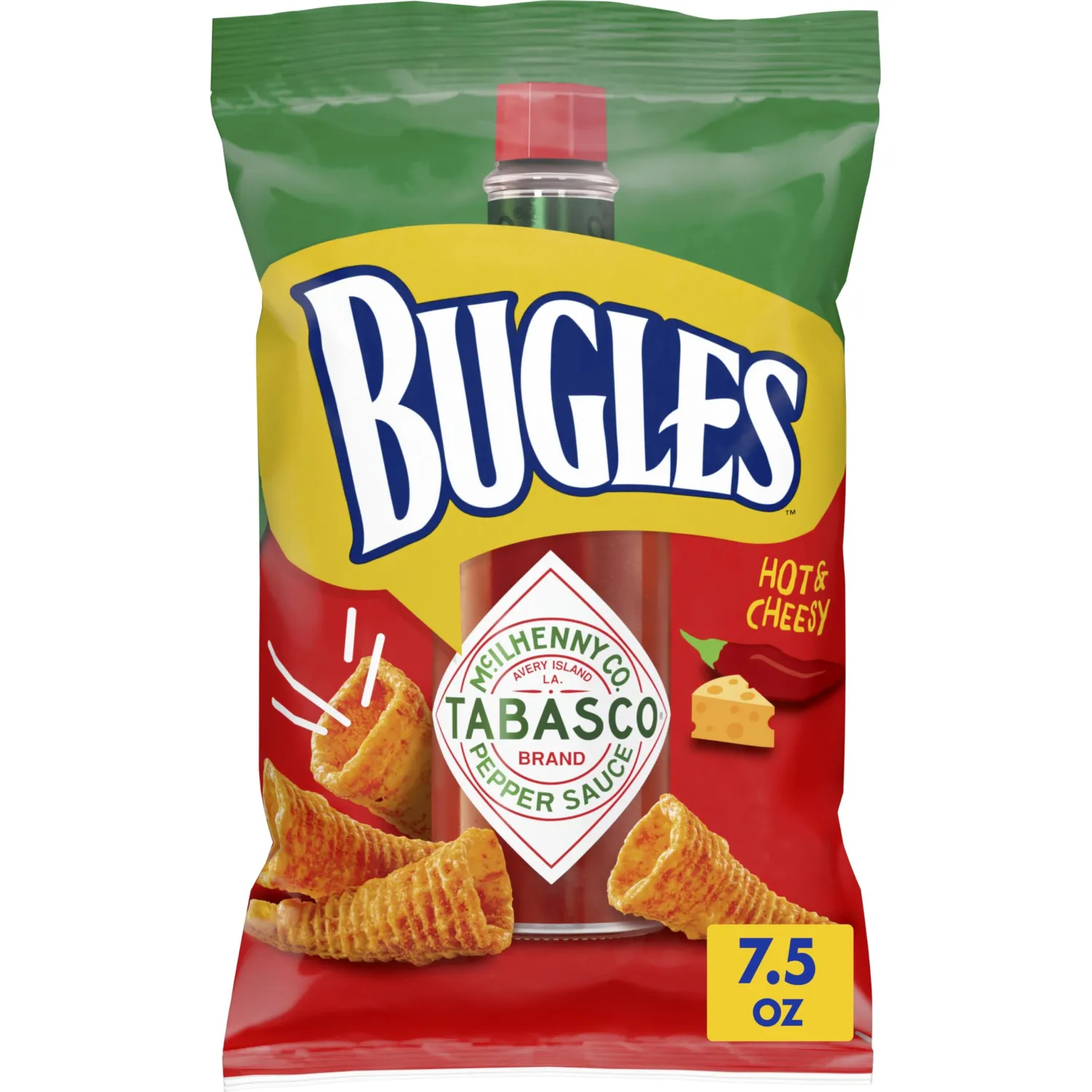 Bugles Tabasco Flavored Crispy Corn Snacks, Hot and Cheesy, 7.5 oz