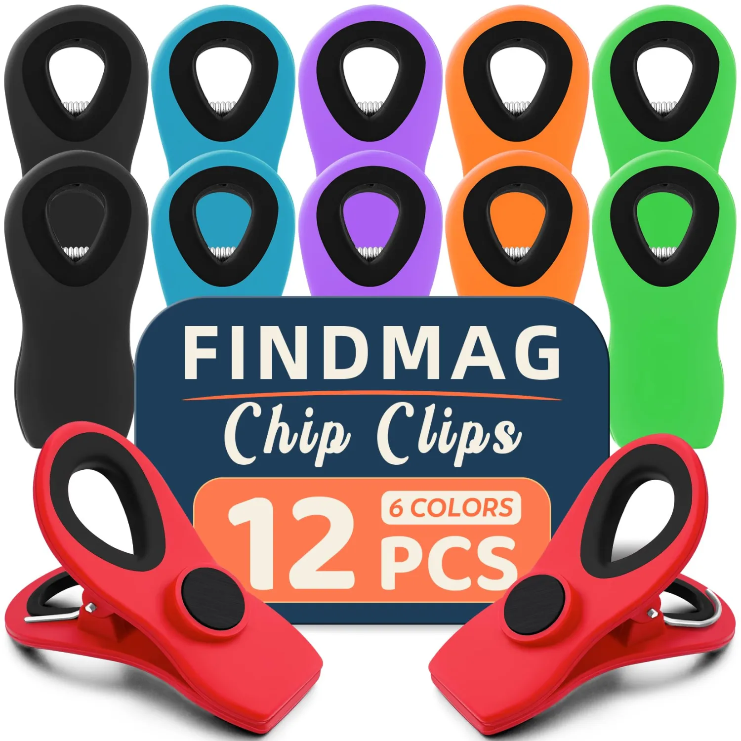 FINDMAG Chip Clips, 12 Pack Magnetic Bag Clips with Airtight Seal for Chips, Kitchen Clip with Magnet for Fridge, Plastic Assorted Colors Bag Clip for Food Storage, Snack Organization, RV Accessories