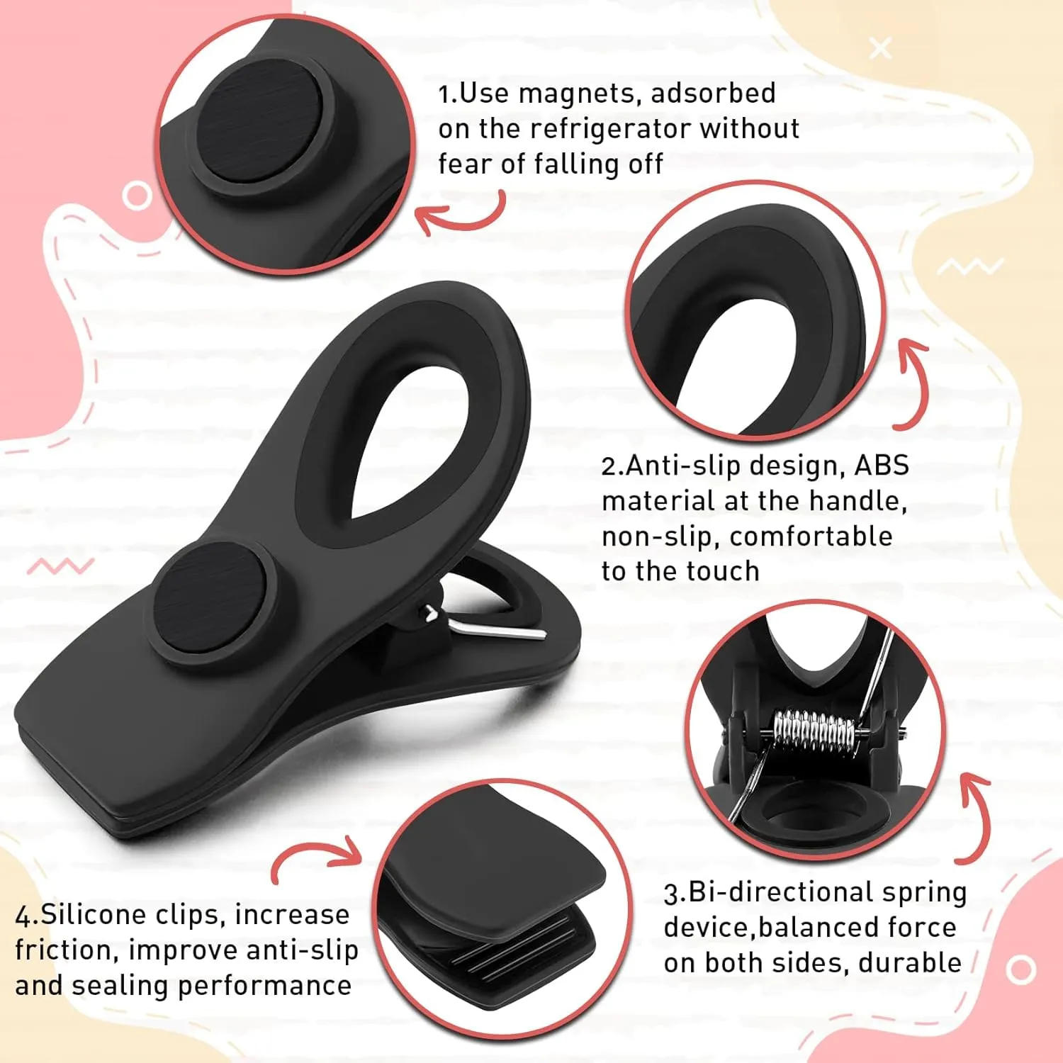 FINDMAG 24 Pack Chip Clips for Food Storage, Magnetic Plastic Bag Clips with Strong Magnet for Fridge, RV Accessories, Snack Bags, Chips, and Kitchen Use (Black)