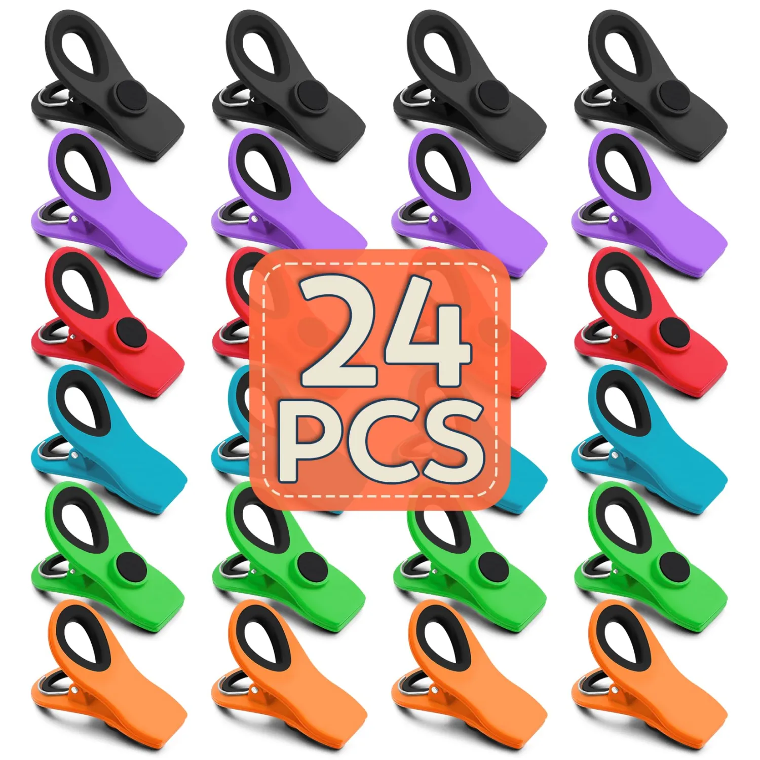 FINDMAG 24 Pack Chip Clips for Food Storage, Magnetic Assorted Color Plastic Clips with Magnet for Kitchen, RV Accessories, Refrigerator, Snack Bags, and Sealing Packages
