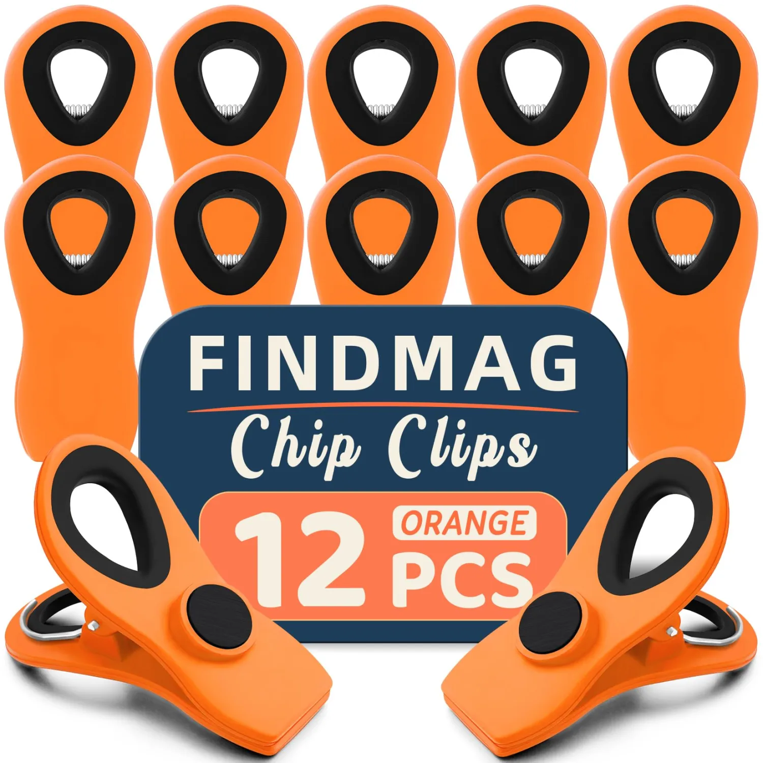 FINDMAG 12 Pack Big Chip Clips, Orange Magnetic Clip for Plants, RV Accessories, Plastic Snack Clips for Bags, Food Sealing Clip with Magnet for Chips, Snacks, Fridge and Food Organization