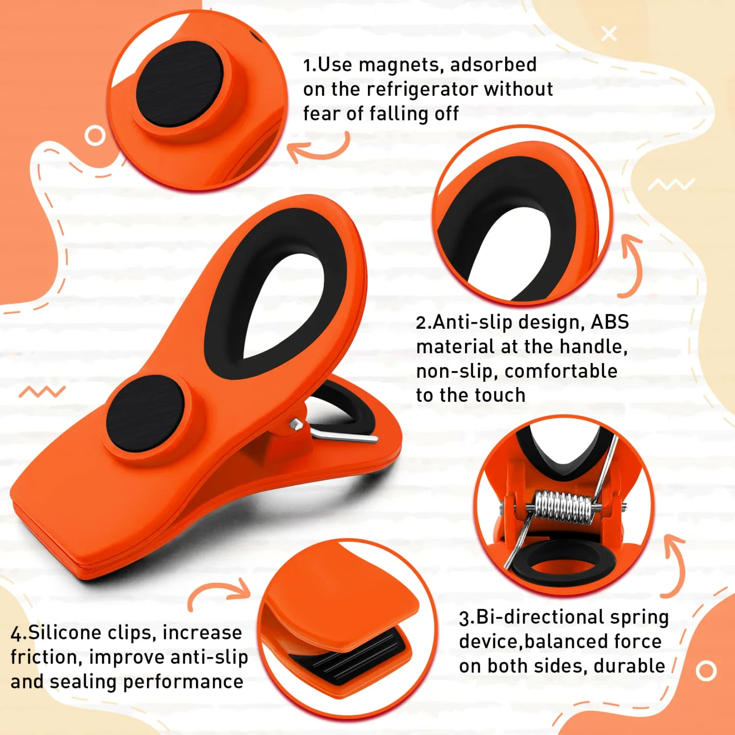 FINDMAG 12 Pack Big Chip Clips, Orange Magnetic Clip for Plants, RV Accessories, Plastic Snack Clips for Bags, Food Sealing Clip with Magnet for Chips, Snacks, Fridge and Food Organization