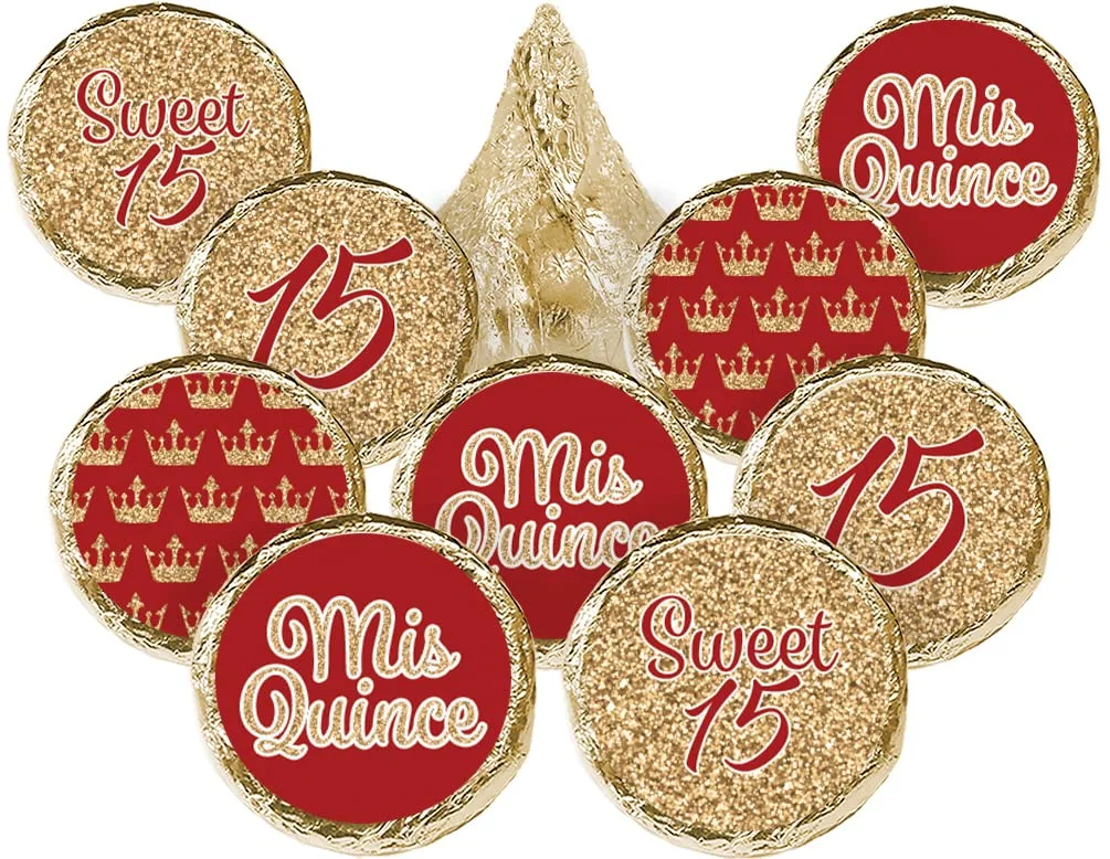 Red and Gold Quinceañera Chocolate Kisses Party Favor Stickers, Mis Quince Años Sweet 15 Birthday Party - 180 Count