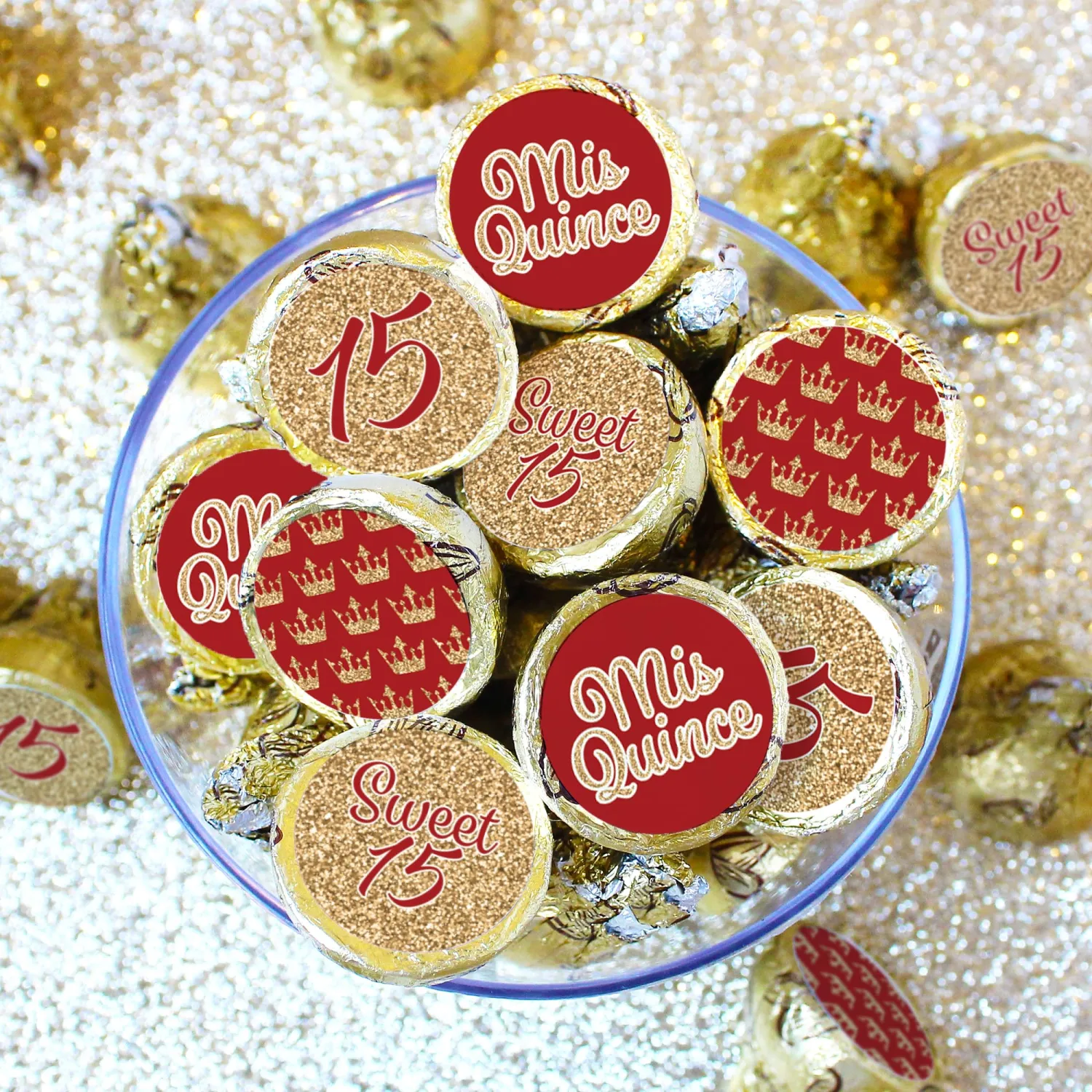 Red and Gold Quinceañera Chocolate Kisses Party Favor Stickers, Mis Quince Años Sweet 15 Birthday Party - 180 Count