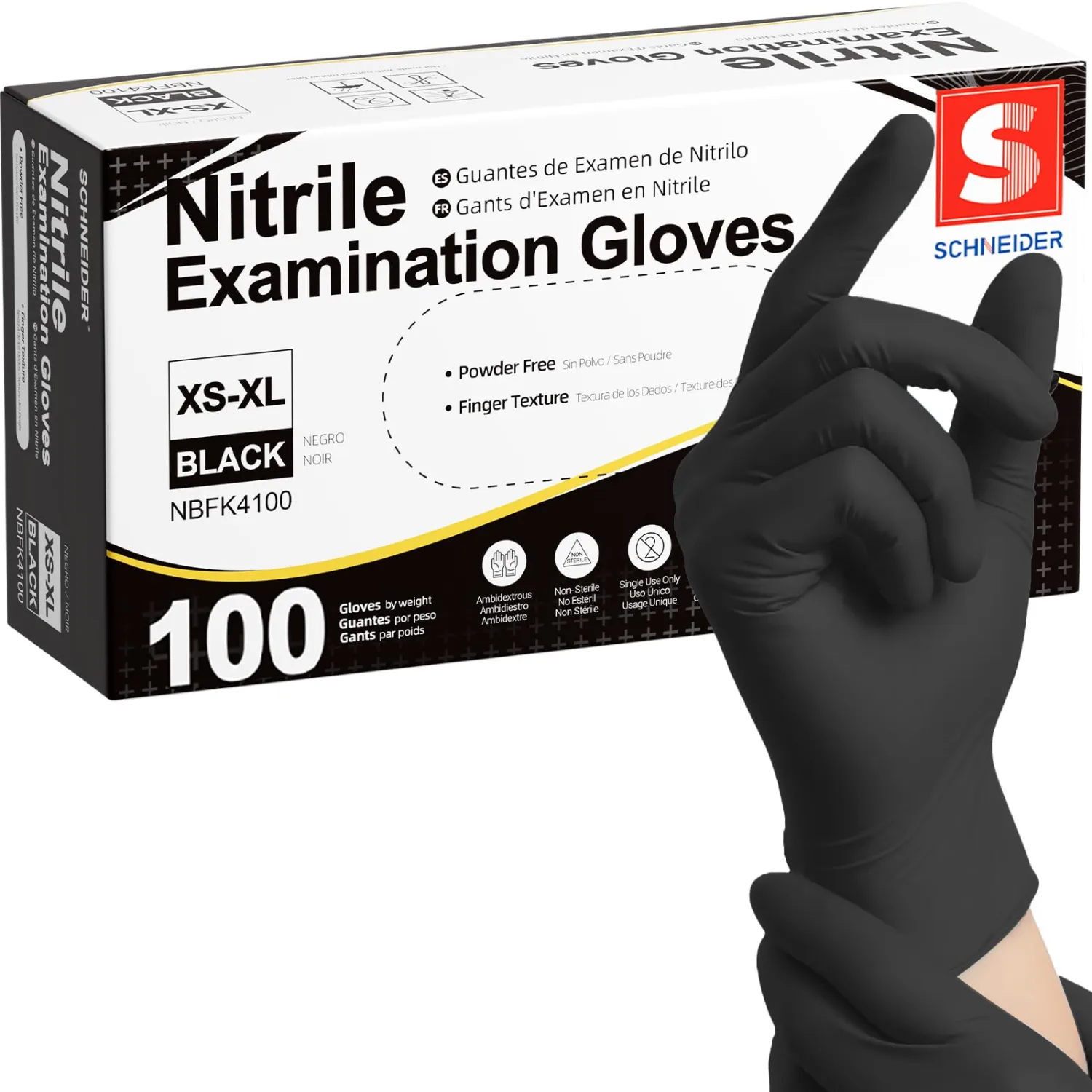 Schneider Black Nitrile Gloves, Powder Free, Disposable Gloves Latex Free for Medical Exam, Food Prep & Cleaning