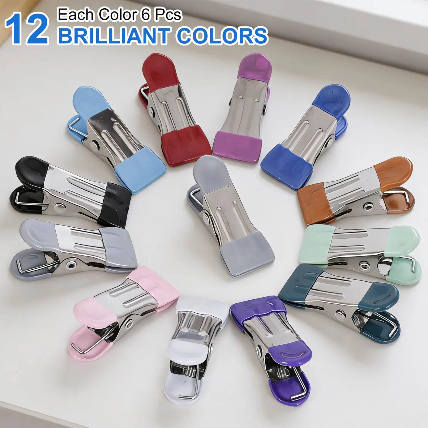 Clothes Pins Heavy Duty 72 Pack, 2.17 Inch Metal Chip Clips for Food Bags, Clothespins for Clothes, Sock, Photo (12 Colors)