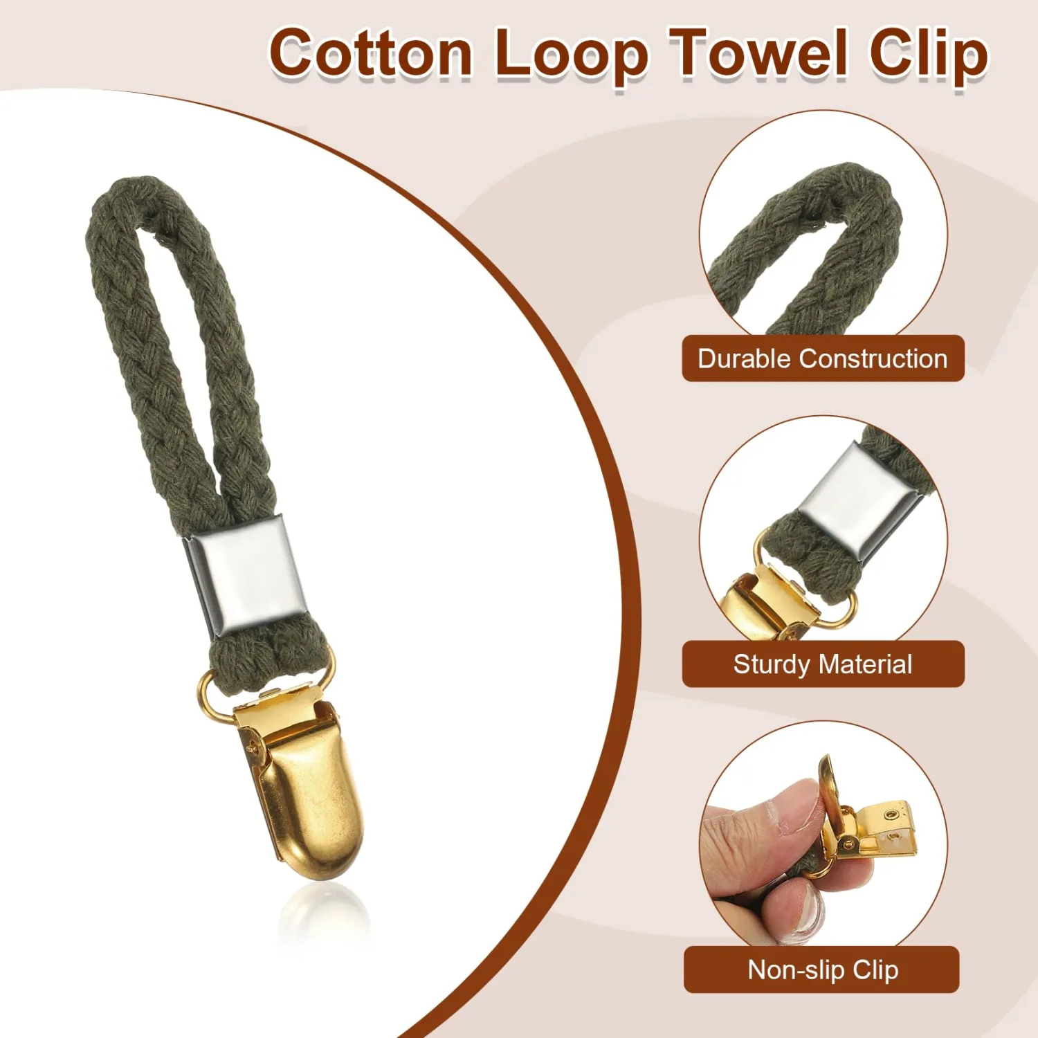 PATIKIL 5 Pcs Hanging Tea Towel Clips, 0.9" Width Braided Cotton Loop Towel Clip with Gold Metal Clamp for Kitchen Bathroom RVs Camping Hanging Organize Tool, Green