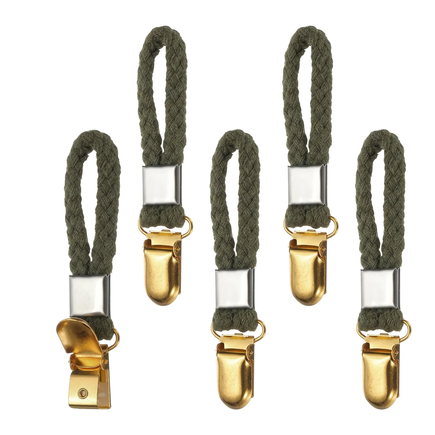 PATIKIL 5 Pcs Hanging Tea Towel Clips, 0.9" Width Braided Cotton Loop Towel Clip with Gold Metal Clamp for Kitchen Bathroom RVs Camping Hanging Organize Tool, Green
