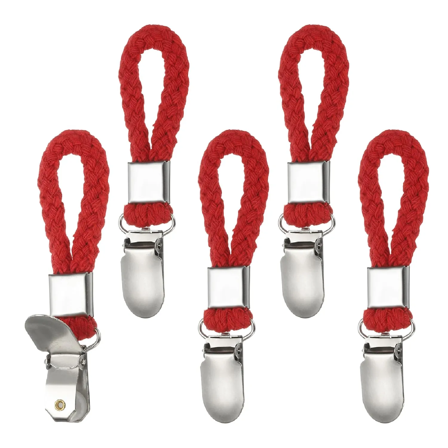 PATIKIL 5 Pcs Hanging Tea Towel Clips, 0.9" Width Braided Cotton Loop Towel Clip with Silver Metal Clamp for Kitchen Bathroom RVs Camping Hanging Organize Tool, Red