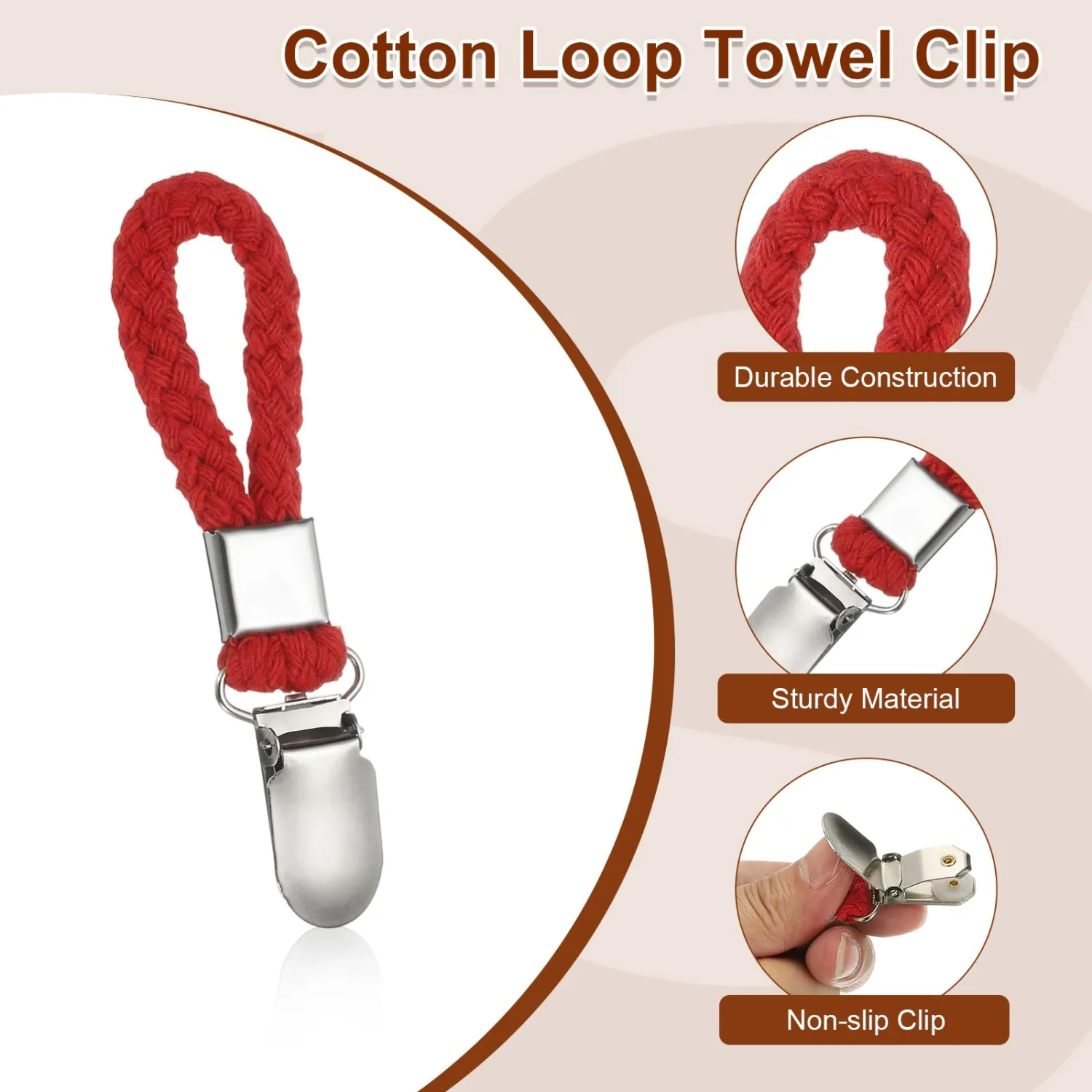 PATIKIL 5 Pcs Hanging Tea Towel Clips, 0.9" Width Braided Cotton Loop Towel Clip with Silver Metal Clamp for Kitchen Bathroom RVs Camping Hanging Organize Tool, Red
