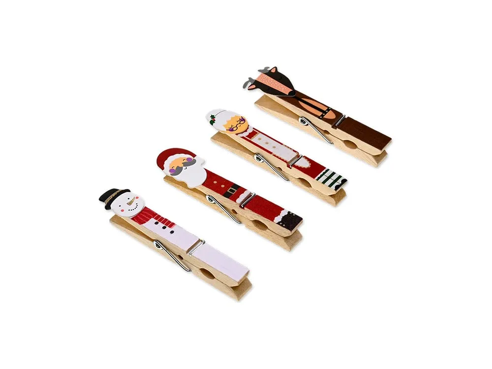 Christmas Decorative Character Clothespins - Santa, Mrs. Claus, Snowman, and Reindeer - for Decoration, Card Display, and More