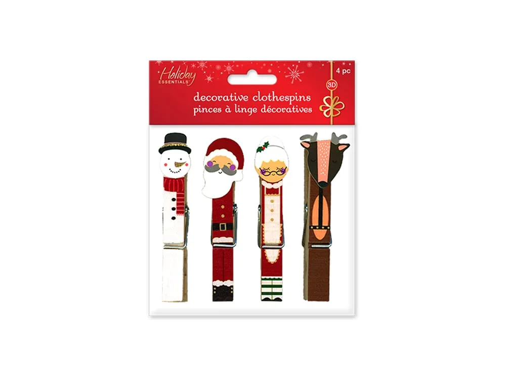 Christmas Decorative Character Clothespins - Santa, Mrs. Claus, Snowman, and Reindeer - for Decoration, Card Display, and More