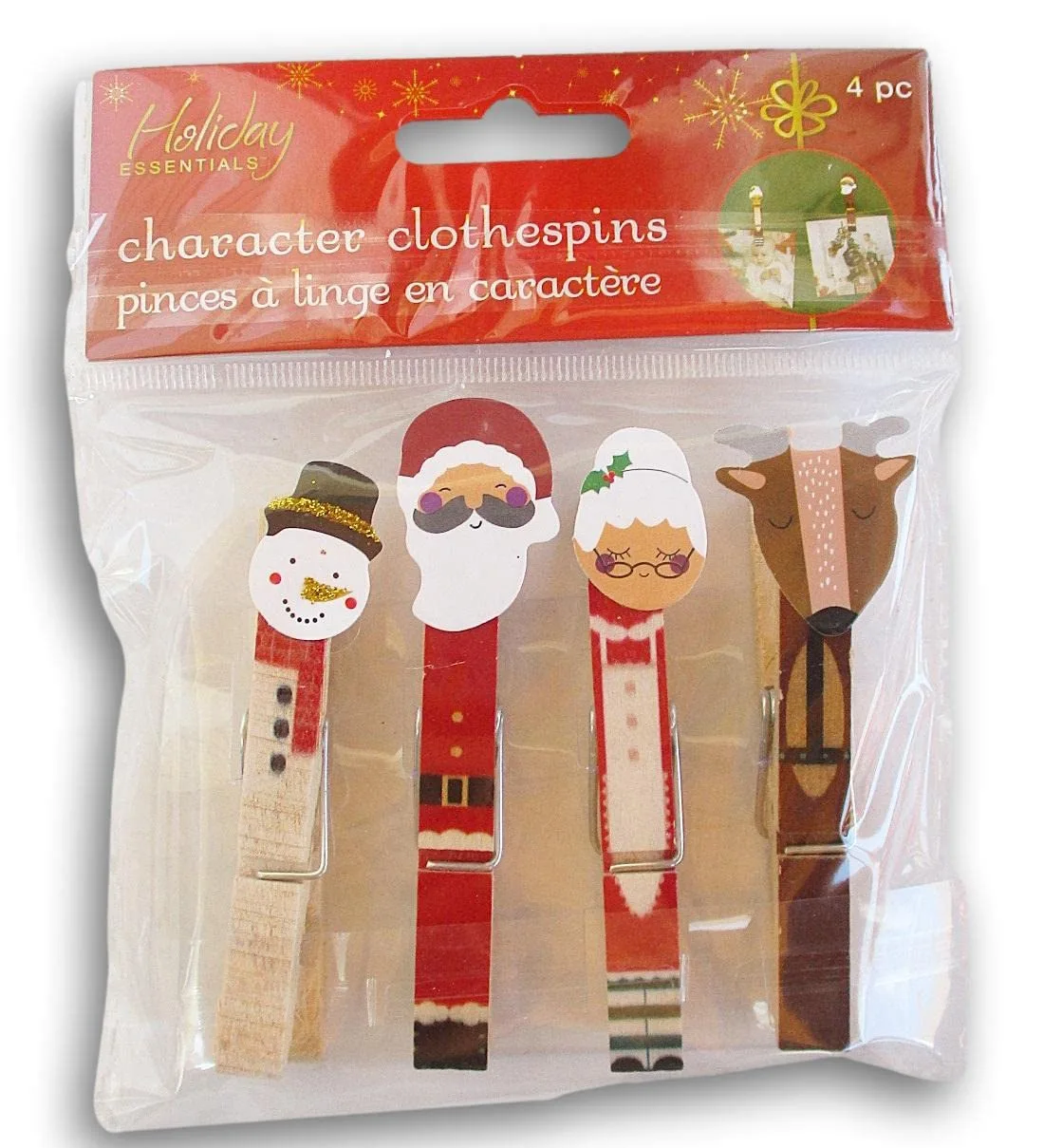Christmas Decorative Character Clothespins - Santa, Mrs. Claus, Snowman, and Reindeer - for Decoration, Card Display, and More