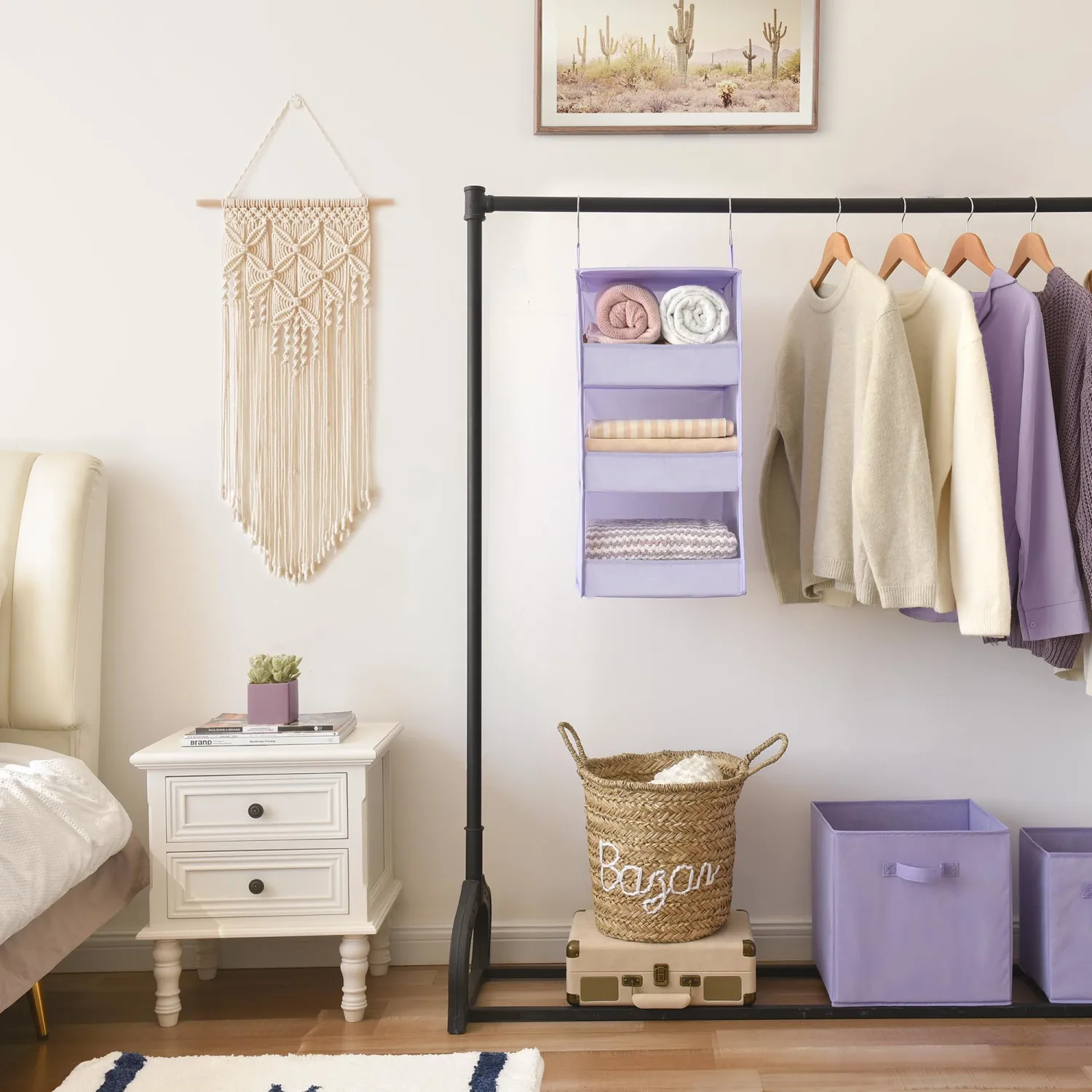 GRANNY SAYS 3 Shelf Hanging Closet Organizers and Storage, Collapsible Closet Storage Organizer with 2 Metal Hooks, Leak-Proof Hanging Shelves for Nursery, Kids Room, Bedroom, 1 Pack, Purple