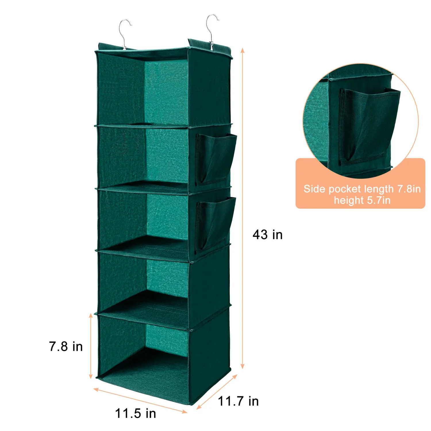 BOOMIBOO Hanging Closet Organize and Shelves，5-Hanging Shelf with 2 Side Pockets，Storage Foldable （Green）