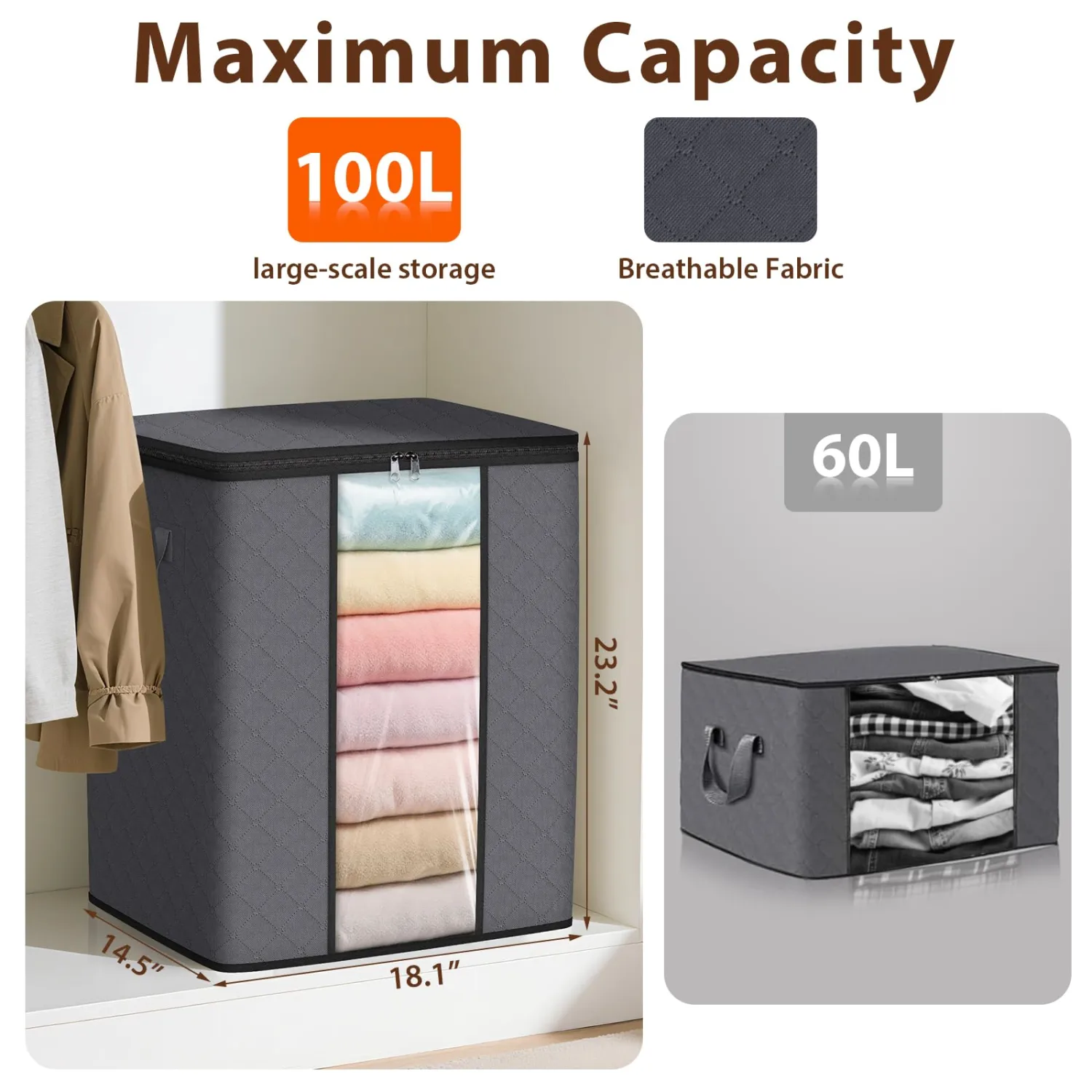 SpaceWhisper 3 Pack 100L Clothes Storage, Foldable Thick Fabric Blanket Storage Bags, Containers for Organizing Bedroom, Closet, Clothing, Comforter,Closet Organization with Handle,Grey
