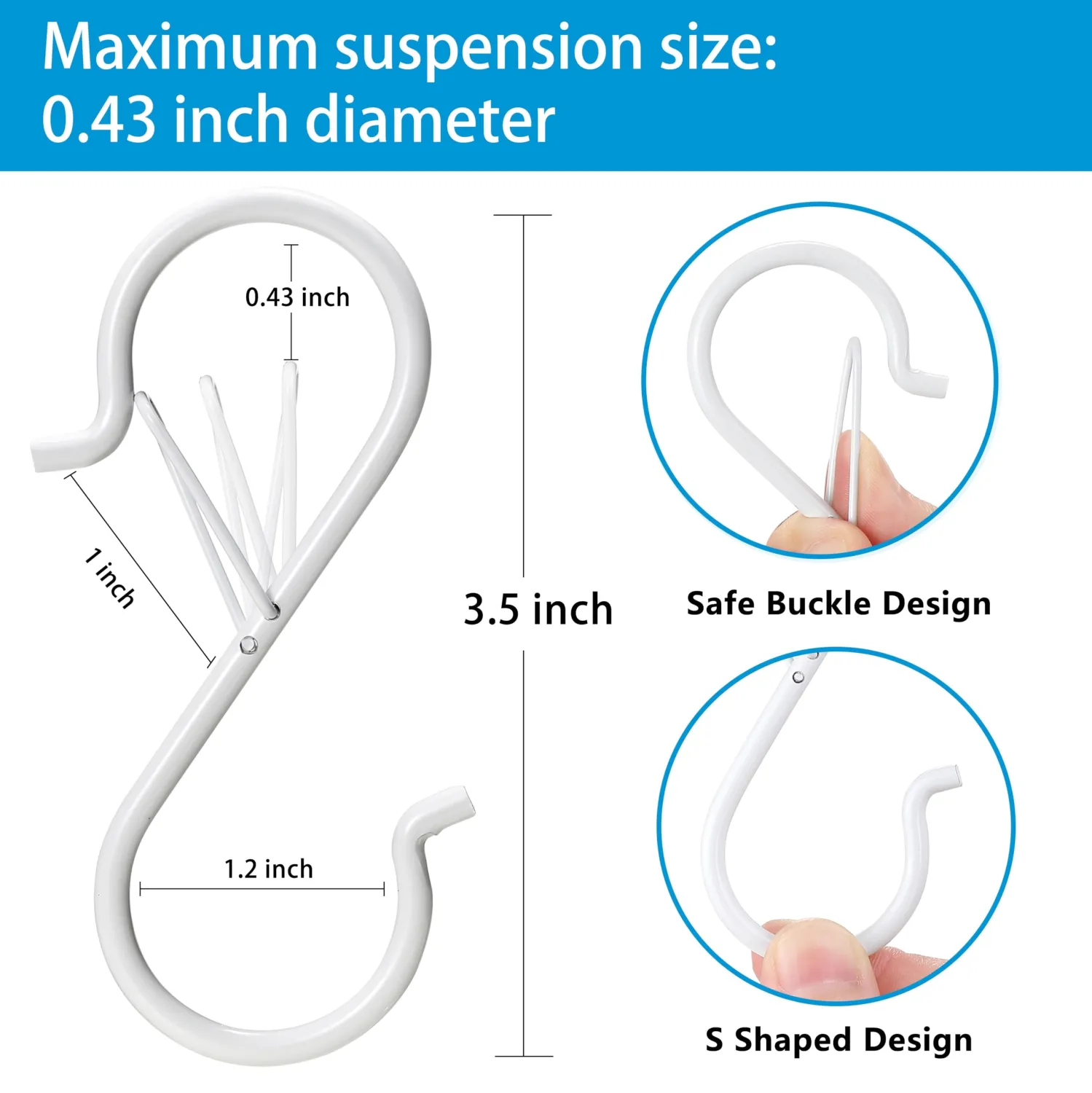 17 Pcs S Hooks for Hanging Safety Buckle, 3.5 Inch Stainless Steel S Shaped Locking Hooks for Colleague Dorm, Kitchen, Plants Pots Towels Bags, White