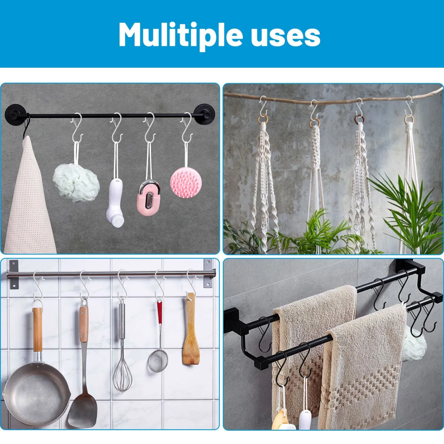 17 Pcs S Hooks for Hanging Safety Buckle, 3.5 Inch Stainless Steel S Shaped Locking Hooks for Colleague Dorm, Kitchen, Plants Pots Towels Bags, White